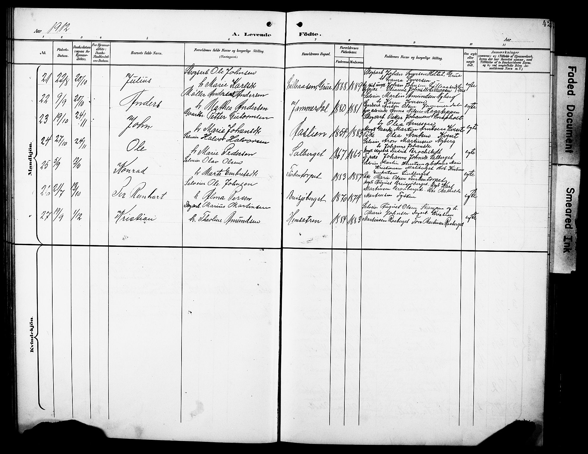 Hof prestekontor, SAH/PREST-038/H/Ha/Hab/L0005: Parish register (copy) no. 5, 1899-1916, p. 42