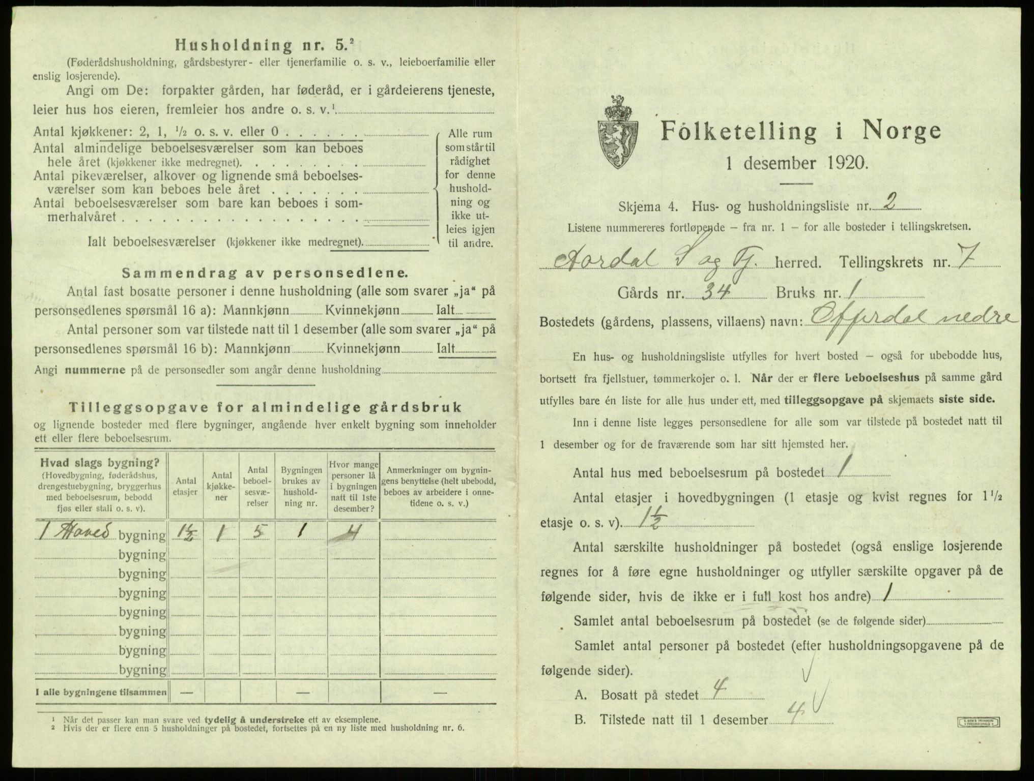 SAB, 1920 census for Årdal, 1920, p. 446