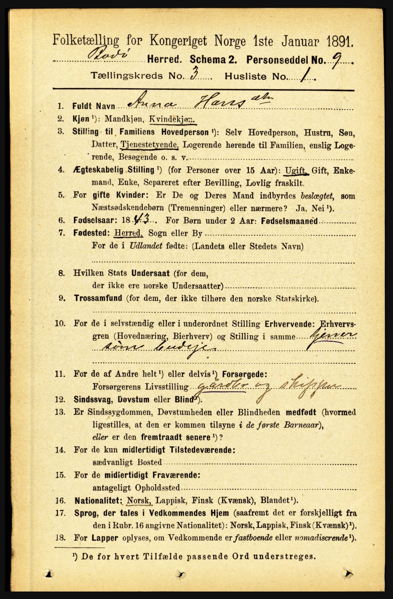 RA, 1891 census for 1843 Bodø, 1891, p. 1592