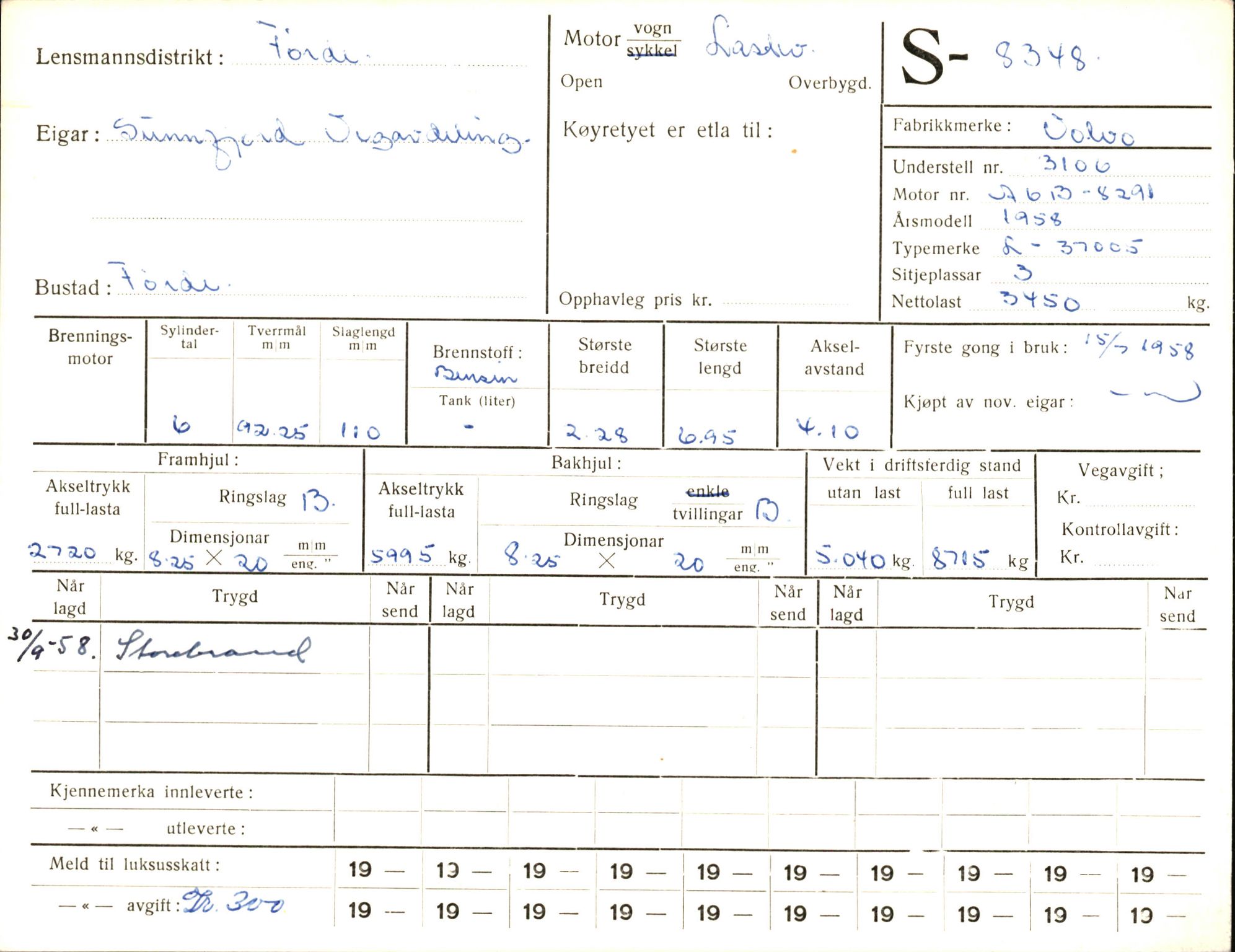 Statens vegvesen, Sogn og Fjordane vegkontor, AV/SAB-A-5301/4/F/L0006: Registerkort utmeldte Fjordane S8300-9500, 1930-1961, p. 70