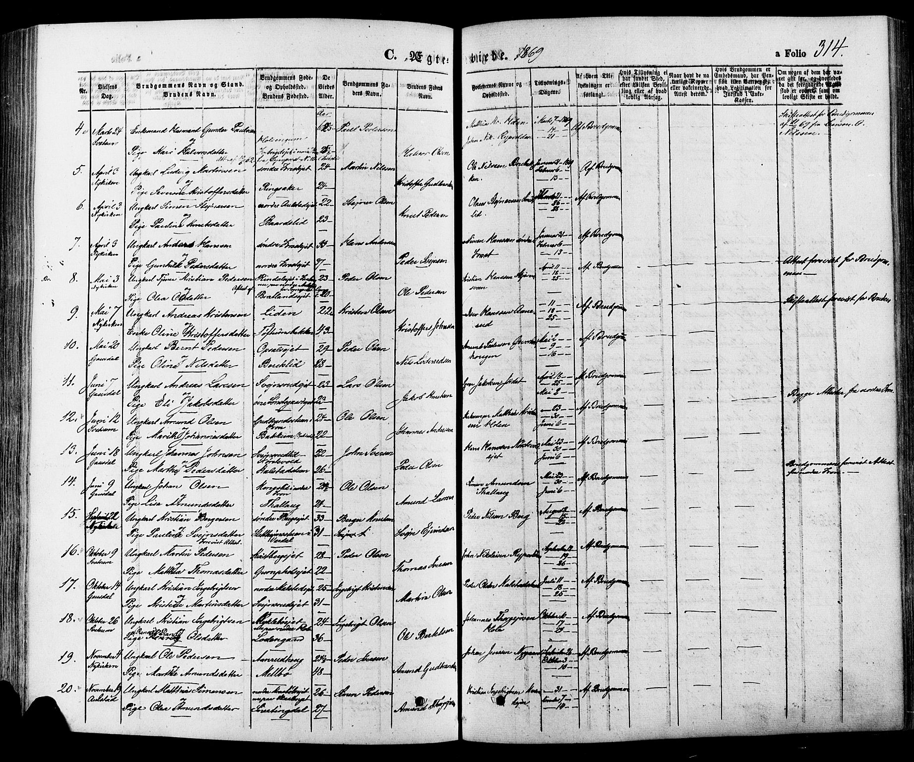 Gausdal prestekontor, SAH/PREST-090/H/Ha/Haa/L0010: Parish register (official) no. 10, 1867-1886, p. 314
