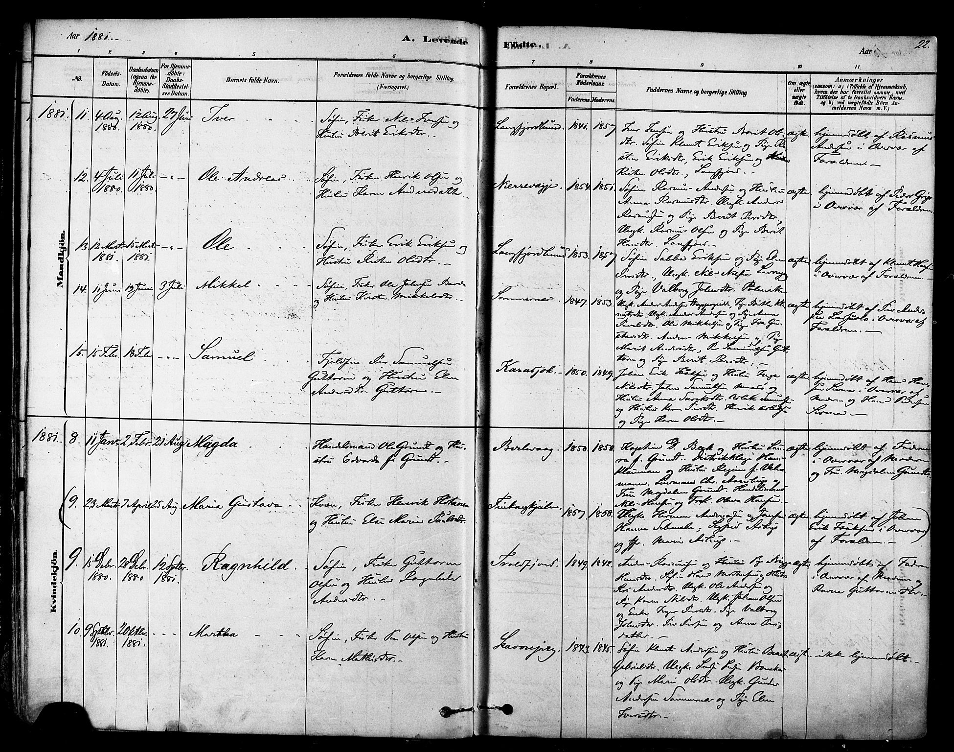 Tana sokneprestkontor, SATØ/S-1334/H/Ha/L0004kirke: Parish register (official) no. 4, 1878-1891, p. 22