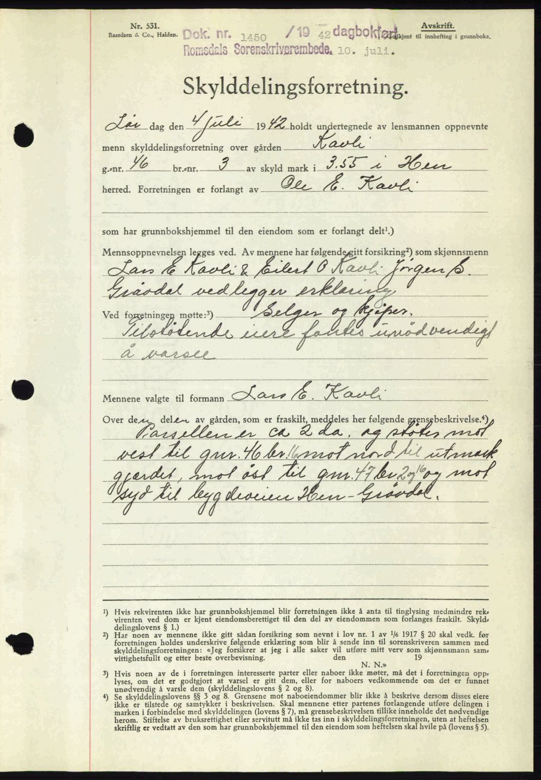 Romsdal sorenskriveri, AV/SAT-A-4149/1/2/2C: Mortgage book no. A12, 1942-1942, Diary no: : 1450/1942