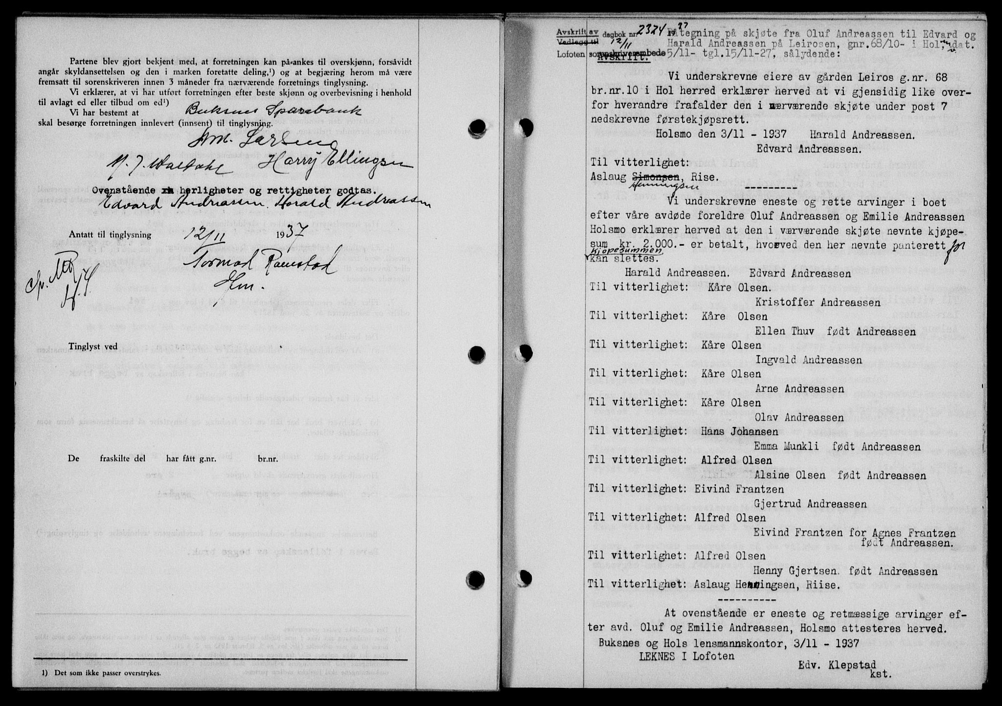 Lofoten sorenskriveri, SAT/A-0017/1/2/2C/L0003a: Mortgage book no. 3a, 1937-1938, Diary no: : 2324/1937