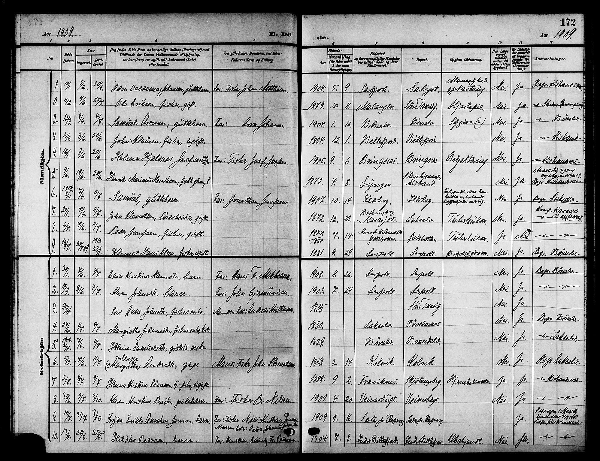 Kistrand/Porsanger sokneprestembete, AV/SATØ-S-1351/H/Hb/L0006.klokk: Parish register (copy) no. 6, 1905-1917, p. 172
