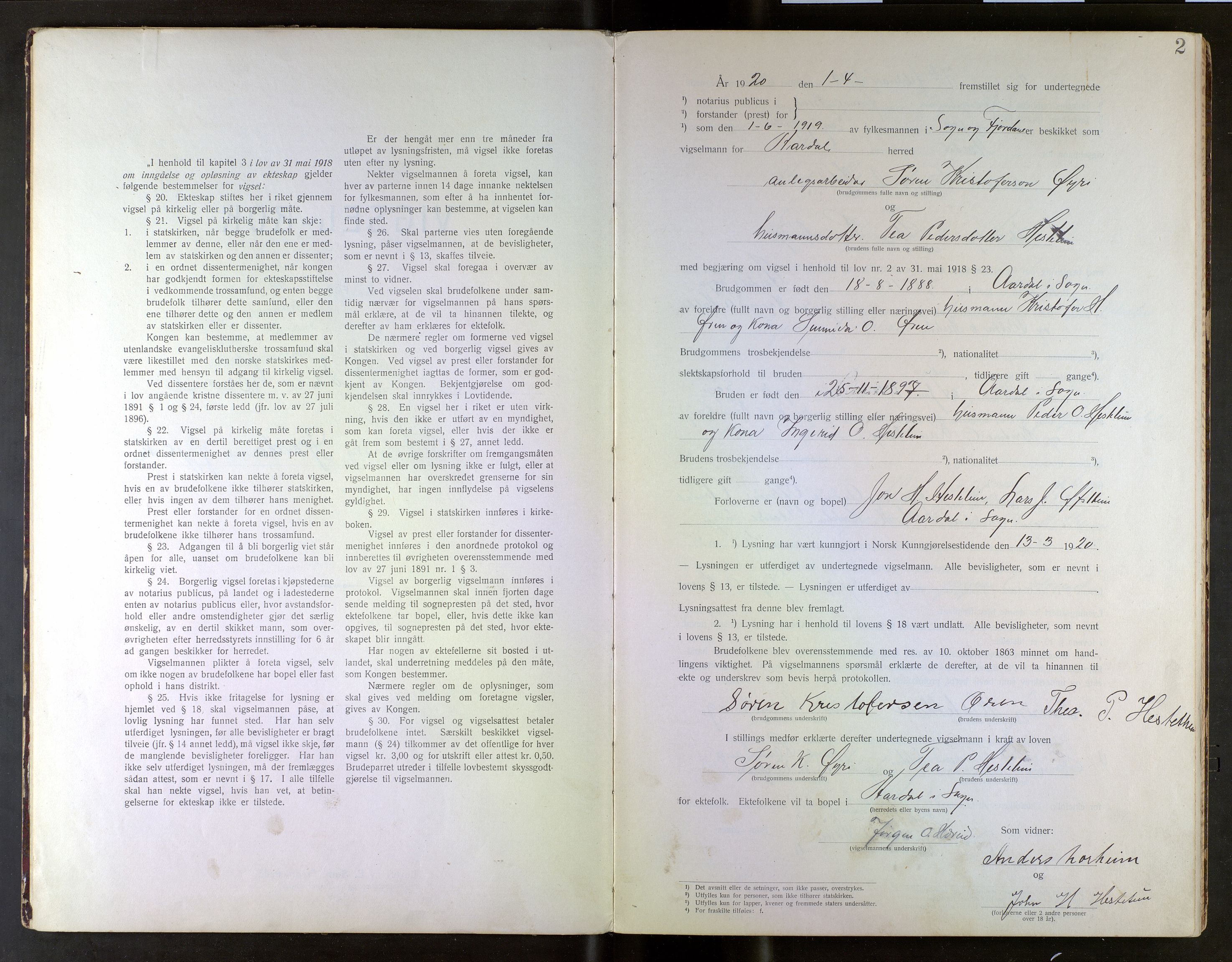 Indre Sogn tingrett, AV/SAB-A-3301/1/L/La/Lab/L0001: Vigselsbok Årdal, 1920-1969, p. 2