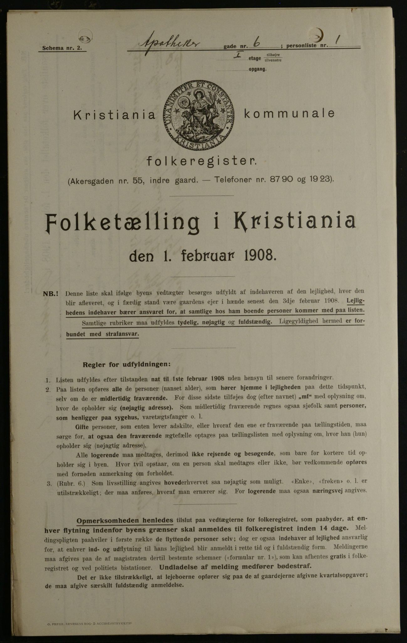 OBA, Municipal Census 1908 for Kristiania, 1908, p. 1596