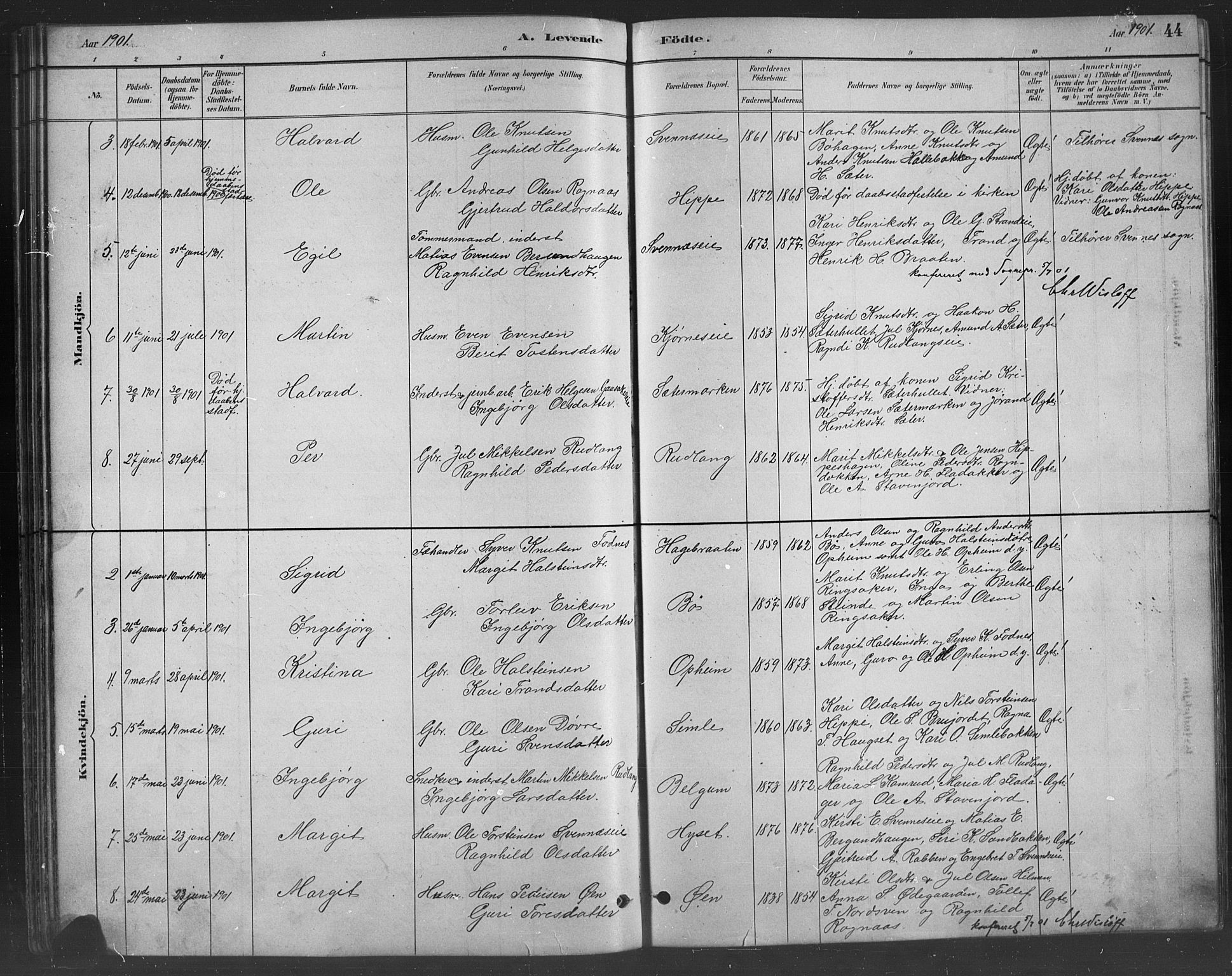 Nord-Aurdal prestekontor, SAH/PREST-132/H/Ha/Hab/L0008: Parish register (copy) no. 8, 1883-1916, p. 44