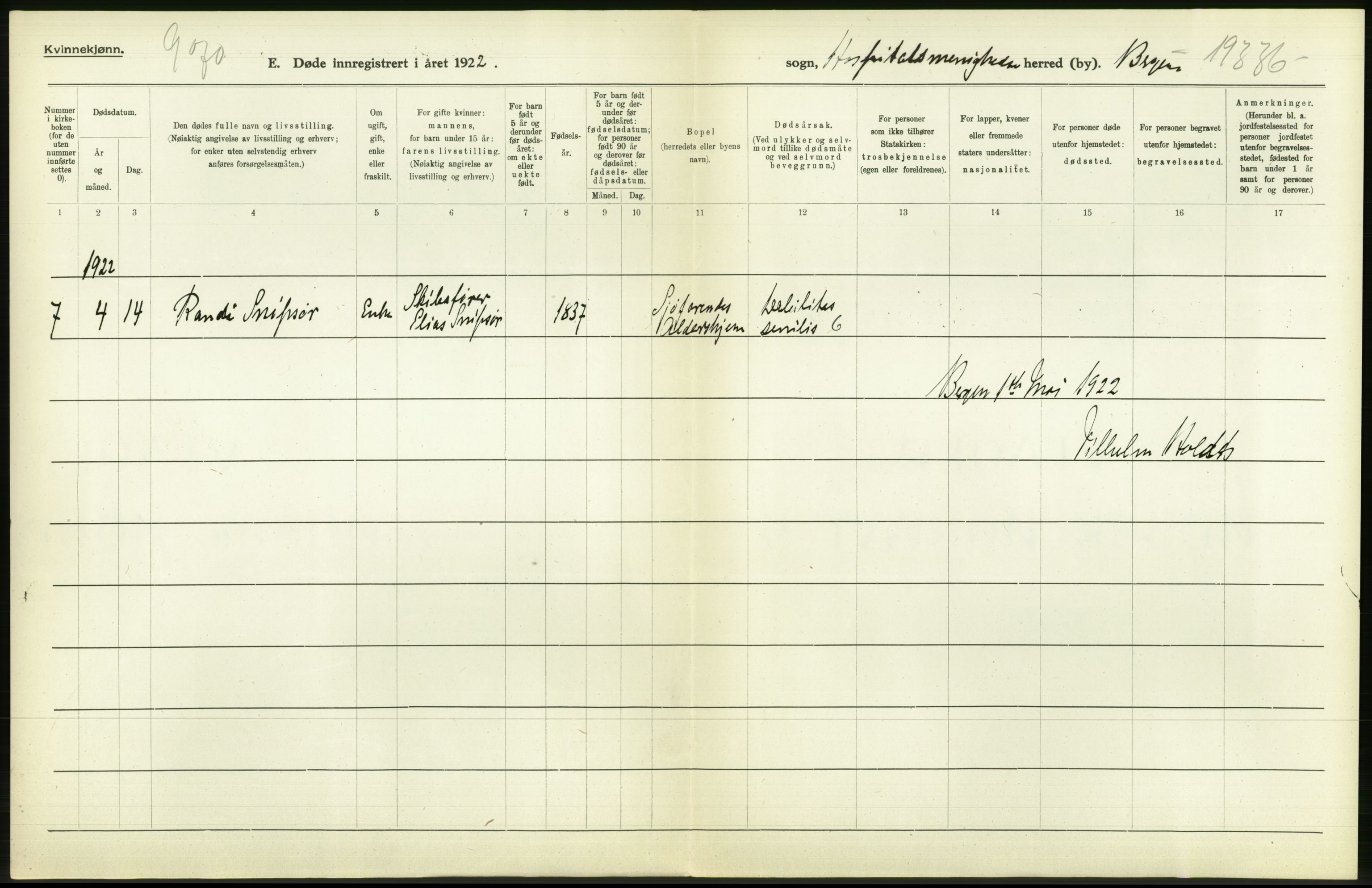 Statistisk sentralbyrå, Sosiodemografiske emner, Befolkning, AV/RA-S-2228/D/Df/Dfc/Dfcb/L0030: Bergen: Gifte, døde, dødfødte., 1922, p. 428