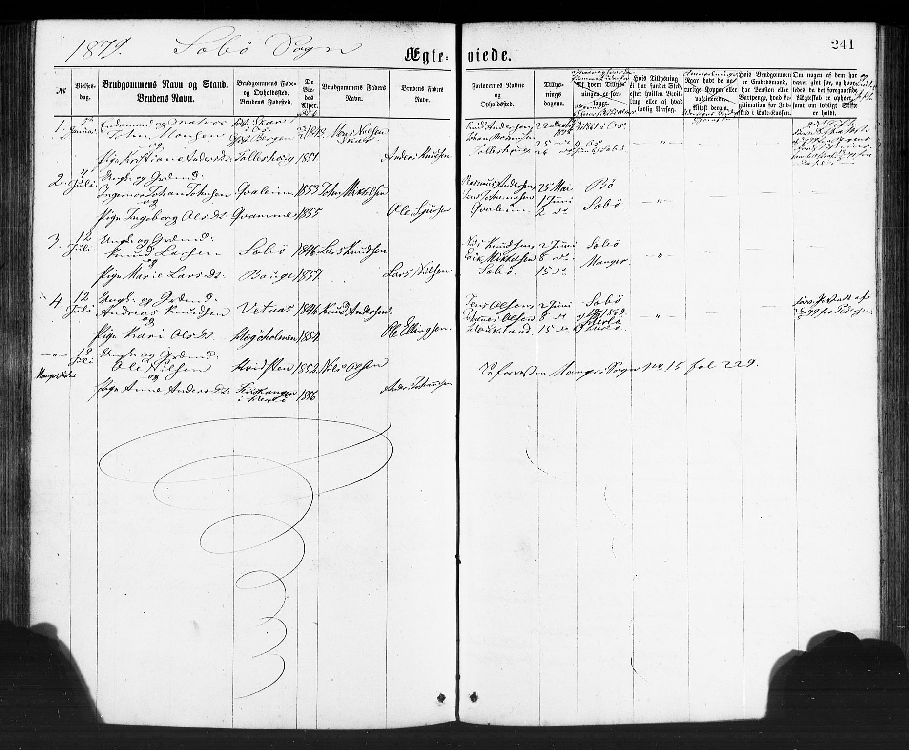 Manger sokneprestembete, SAB/A-76801/H/Haa: Parish register (official) no. A 8, 1871-1880, p. 241