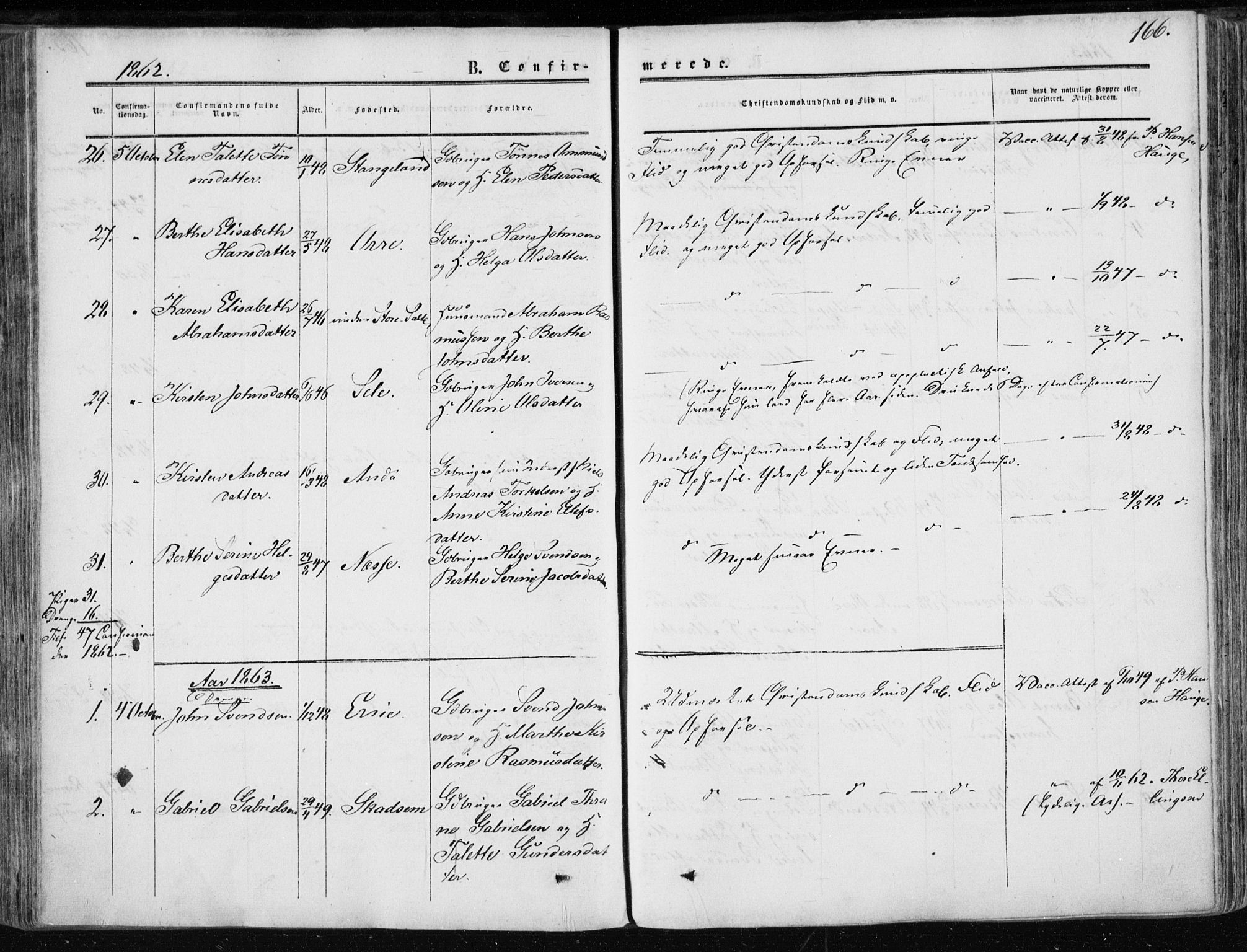 Klepp sokneprestkontor, SAST/A-101803/001/3/30BA/L0005: Parish register (official) no. A 5, 1853-1870, p. 166