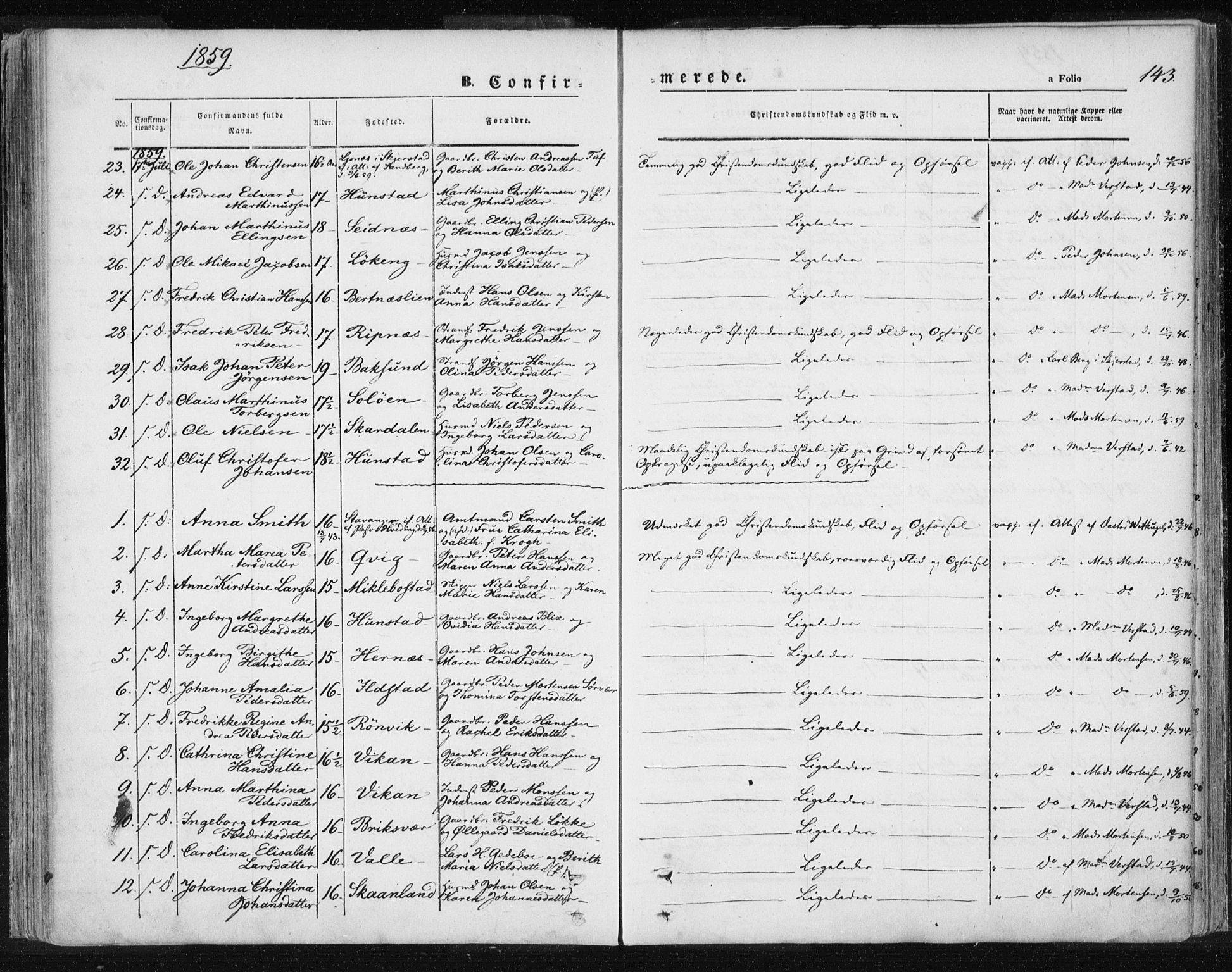 Ministerialprotokoller, klokkerbøker og fødselsregistre - Nordland, AV/SAT-A-1459/801/L0007: Parish register (official) no. 801A07, 1845-1863, p. 143