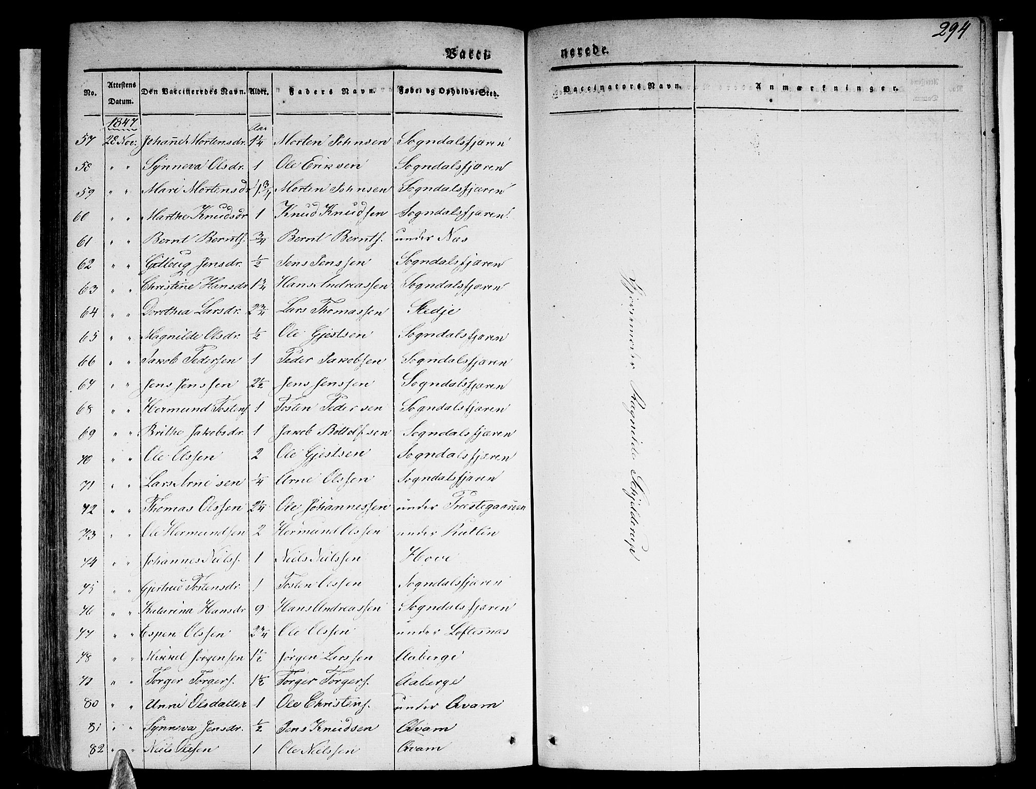 Sogndal sokneprestembete, AV/SAB-A-81301/H/Haa/Haaa/L0011: Parish register (official) no. A 11, 1839-1847, p. 294