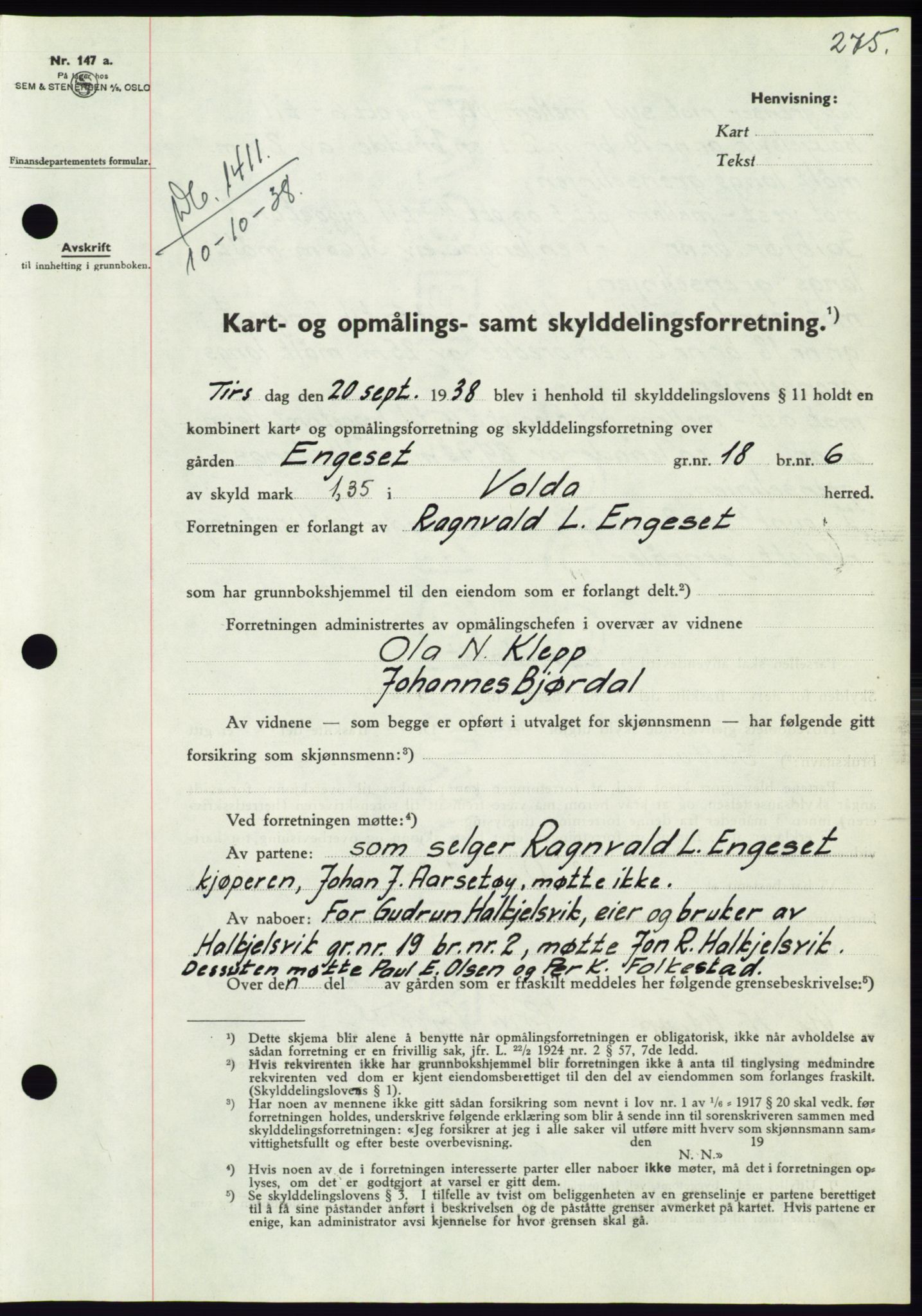 Søre Sunnmøre sorenskriveri, AV/SAT-A-4122/1/2/2C/L0066: Mortgage book no. 60, 1938-1938, Diary no: : 1411/1938