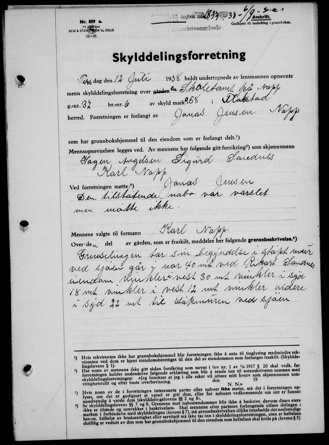 Lofoten sorenskriveri, SAT/A-0017/1/2/2C/L0004a: Mortgage book no. 4a, 1938-1938, Diary no: : 1833/1938