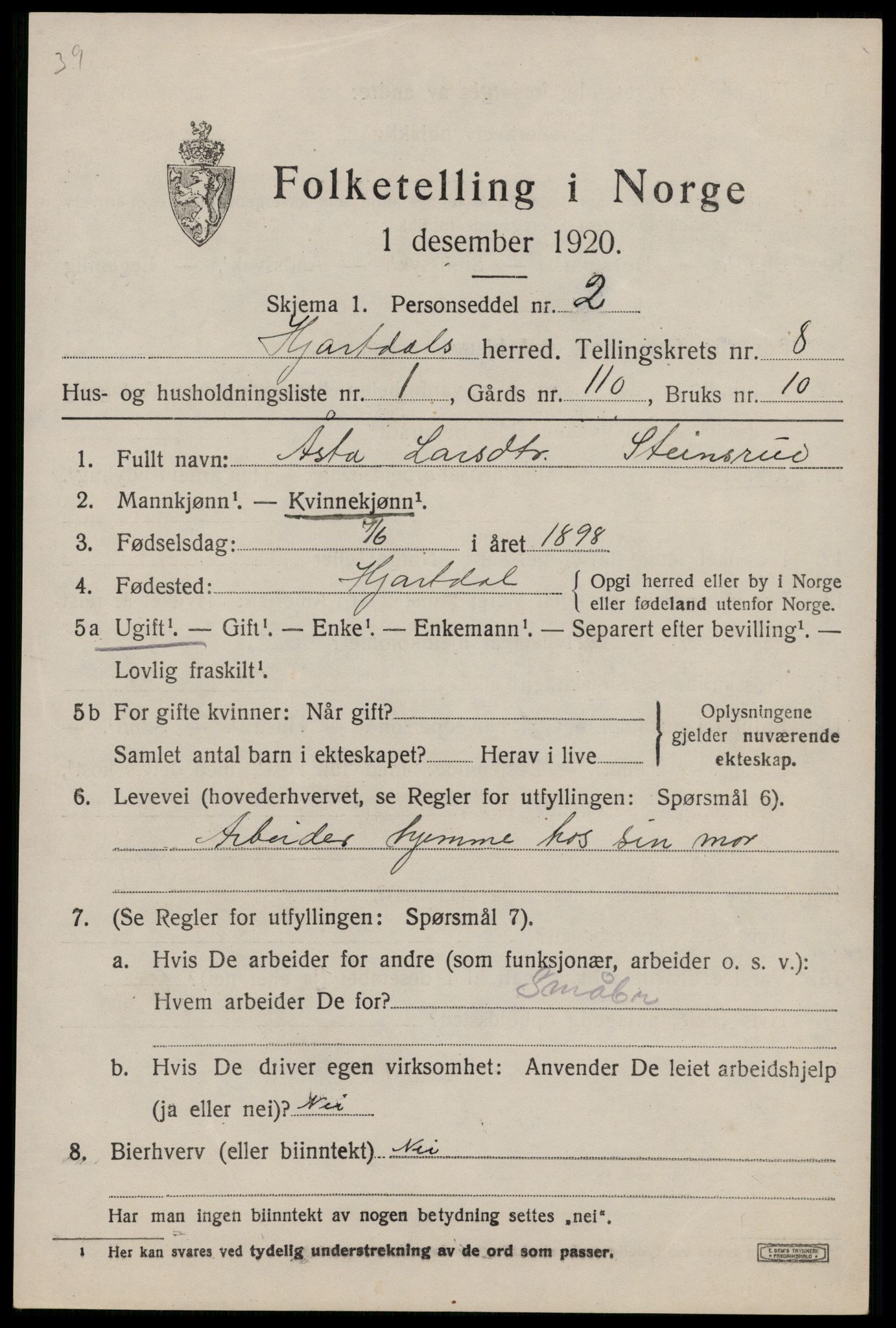 SAKO, 1920 census for Hjartdal, 1920, p. 5076