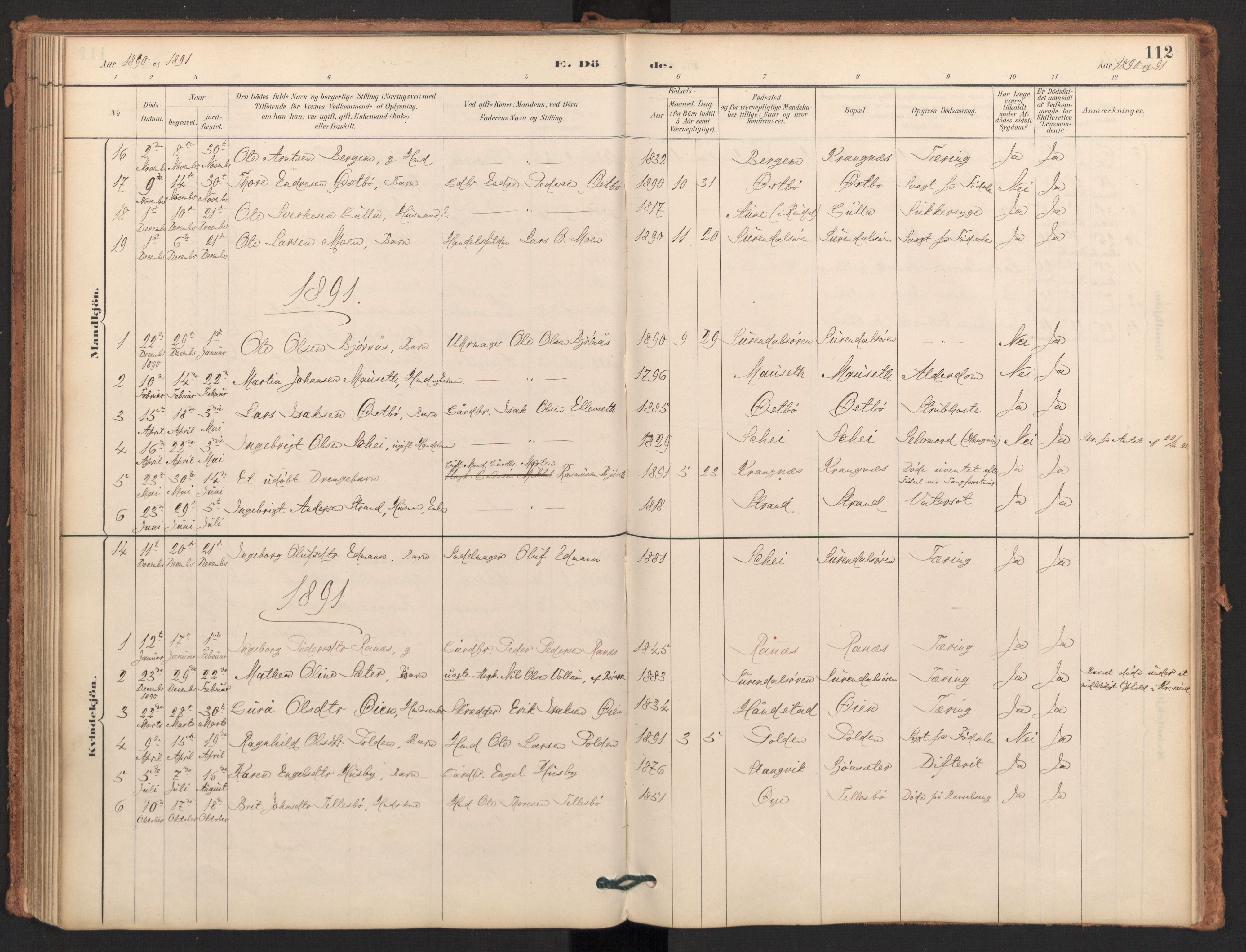 Ministerialprotokoller, klokkerbøker og fødselsregistre - Møre og Romsdal, SAT/A-1454/596/L1056: Parish register (official) no. 596A01, 1885-1900, p. 112