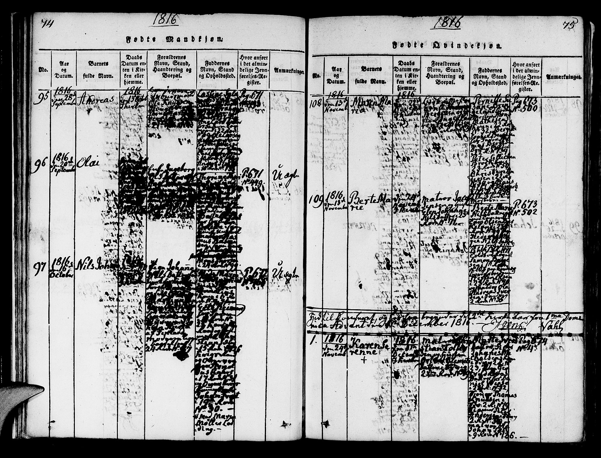 Korskirken sokneprestembete, SAB/A-76101/H/Hab: Parish register (copy) no. A 1b, 1815-1821, p. 74-75