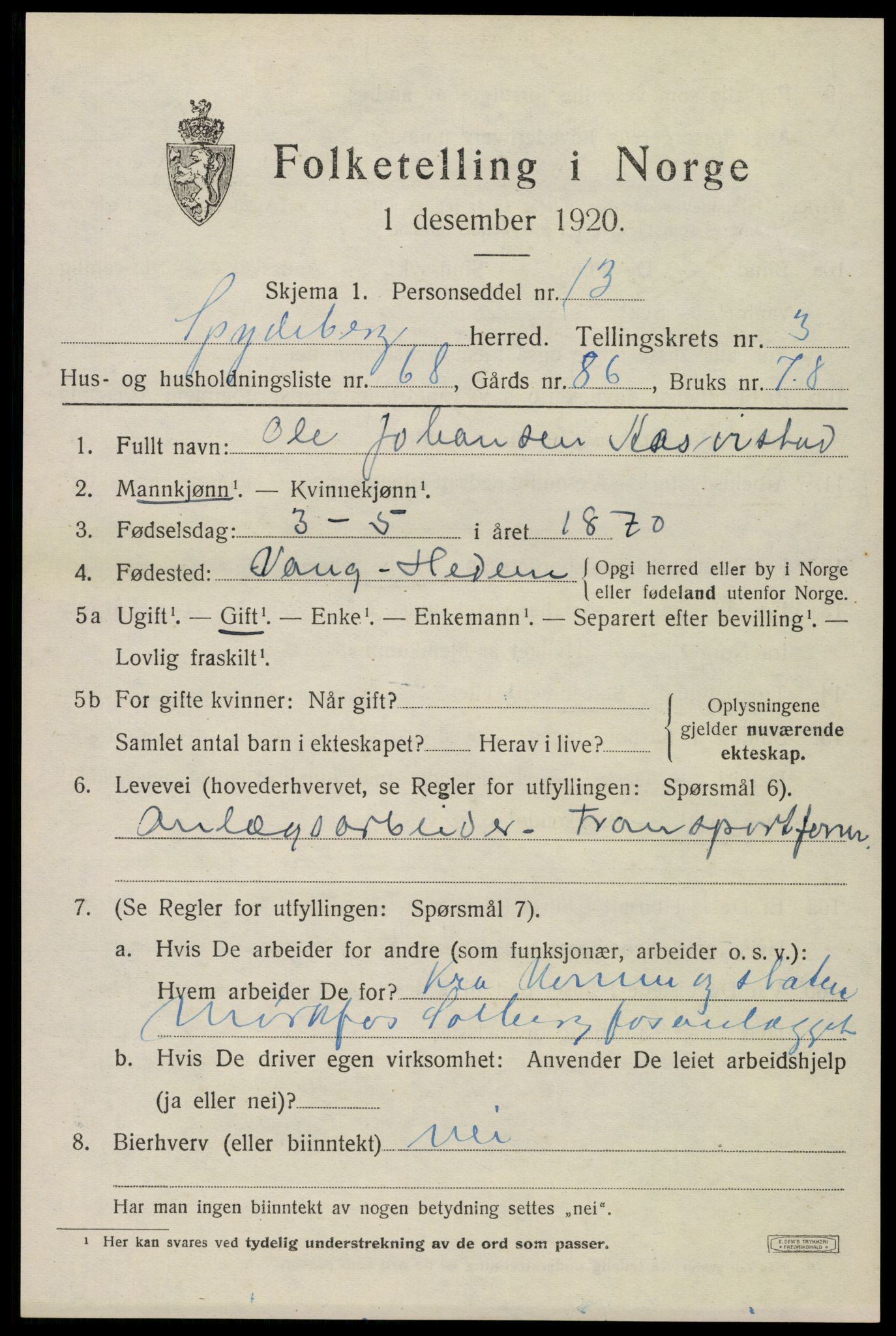 SAO, 1920 census for Spydeberg, 1920, p. 5109