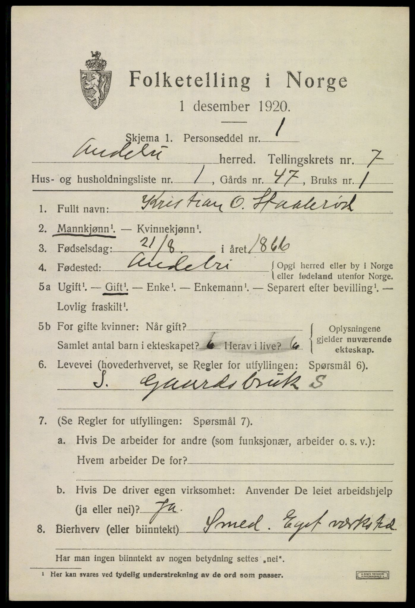 SAKO, 1920 census for Andebu, 1920, p. 3198