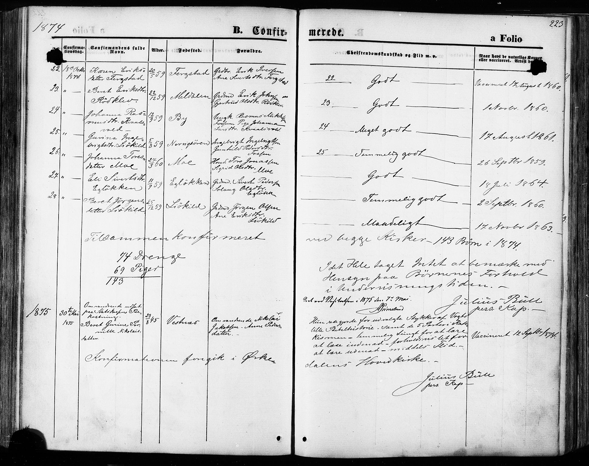 Ministerialprotokoller, klokkerbøker og fødselsregistre - Sør-Trøndelag, SAT/A-1456/668/L0807: Parish register (official) no. 668A07, 1870-1880, p. 223
