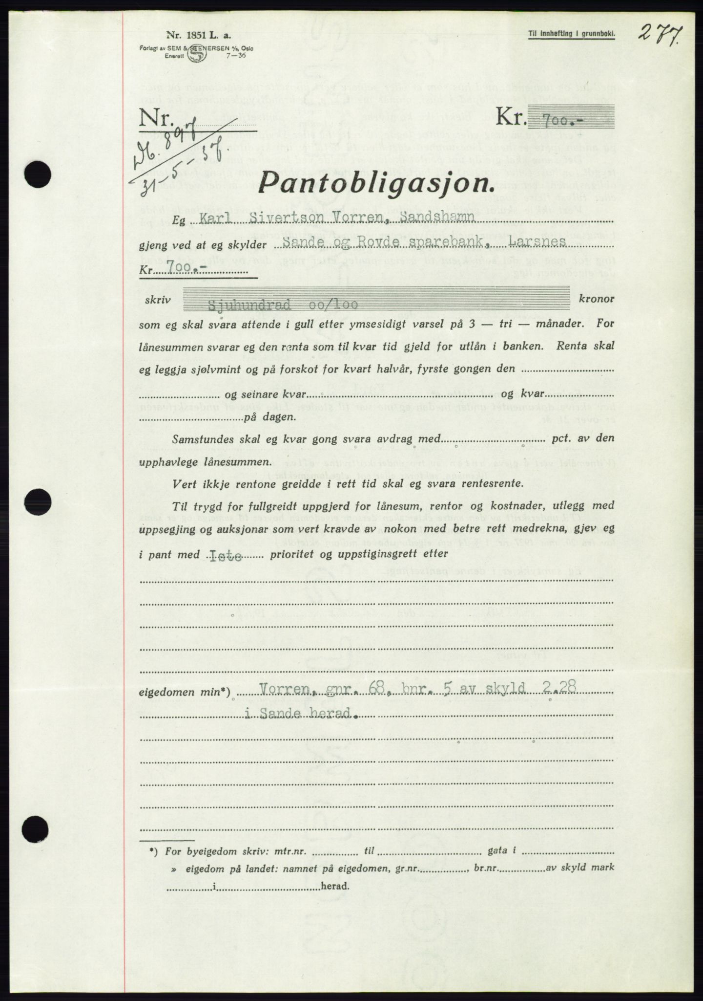 Søre Sunnmøre sorenskriveri, AV/SAT-A-4122/1/2/2C/L0063: Mortgage book no. 57, 1937-1937, Diary no: : 897/1937