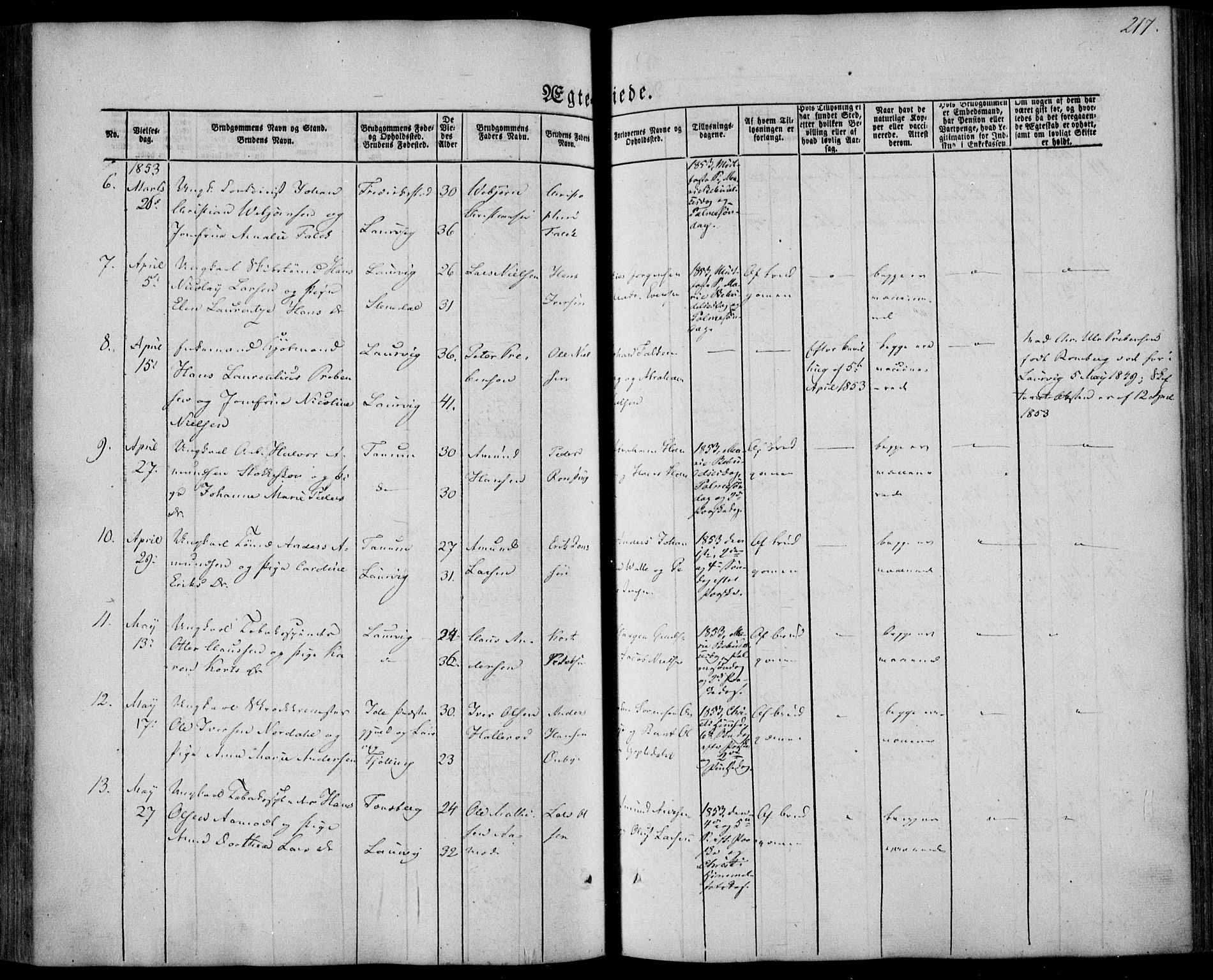 Larvik kirkebøker, AV/SAKO-A-352/F/Fa/L0003: Parish register (official) no. I 3, 1848-1856, p. 217