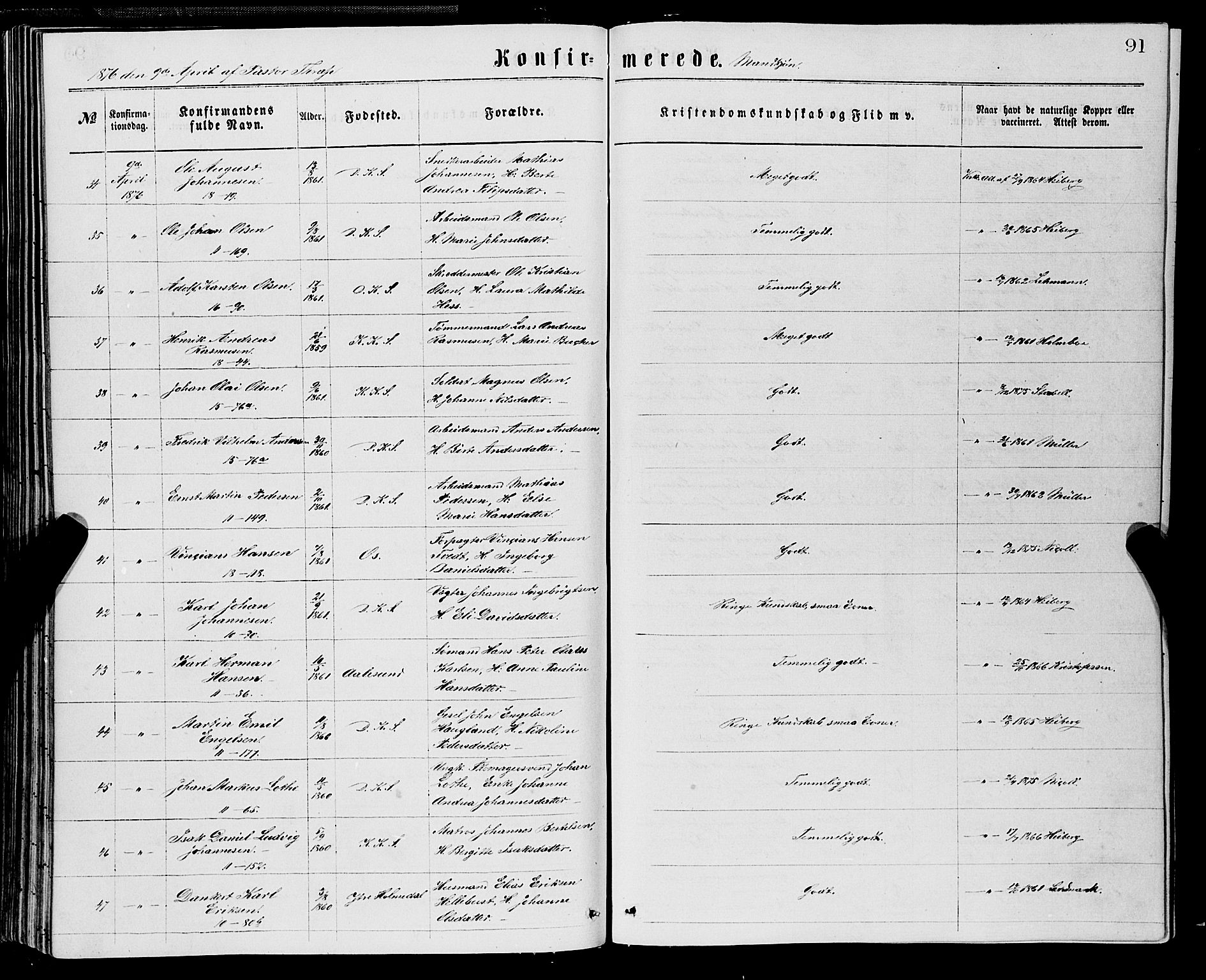Domkirken sokneprestembete, AV/SAB-A-74801/H/Haa/L0029: Parish register (official) no. C 4, 1864-1879, p. 91