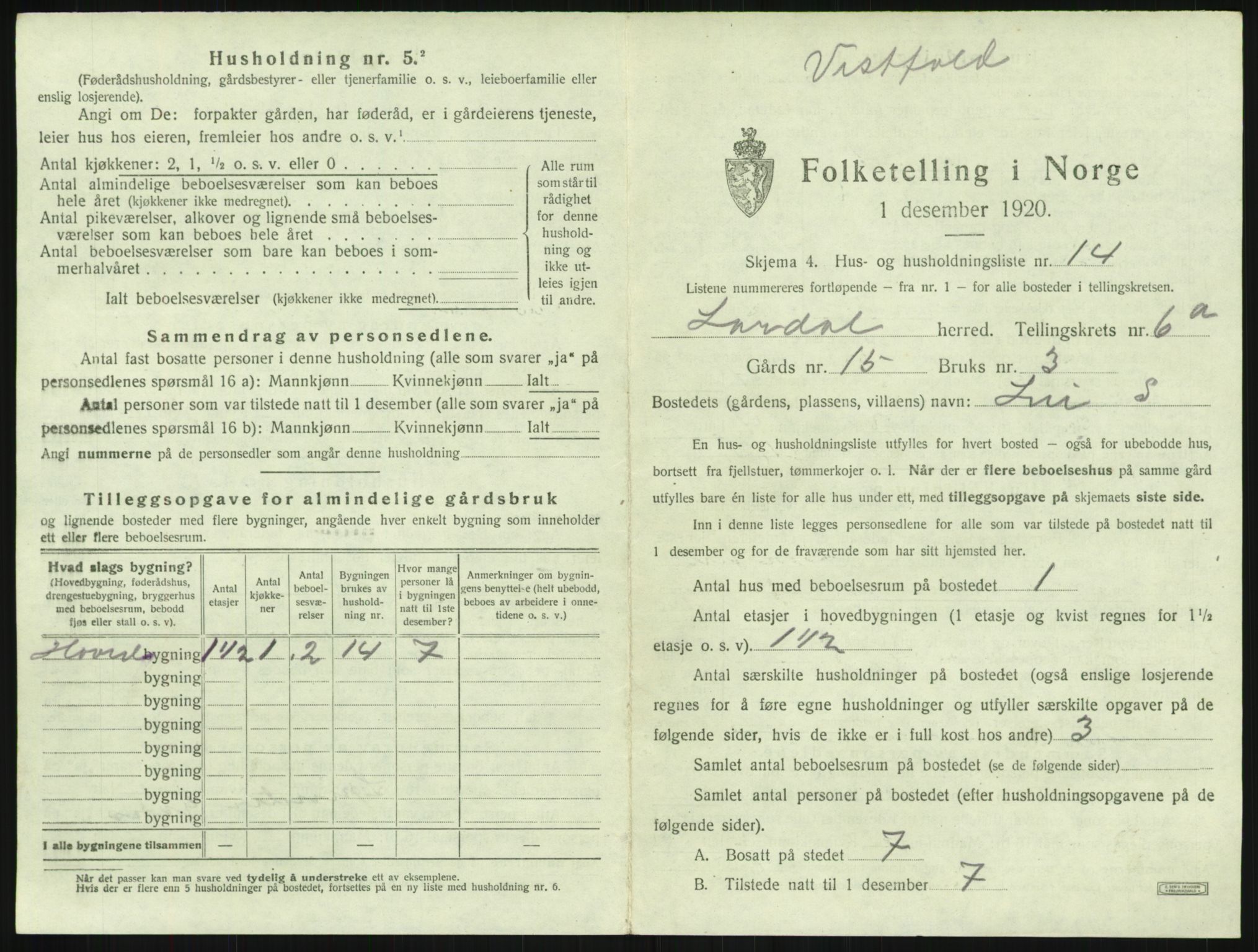 SAKO, 1920 census for Lardal, 1920, p. 899
