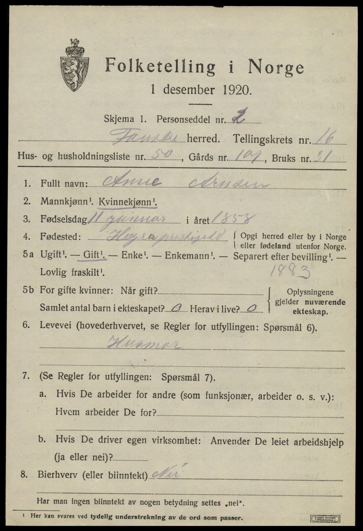 SAT, 1920 census for Fauske, 1920, p. 10436