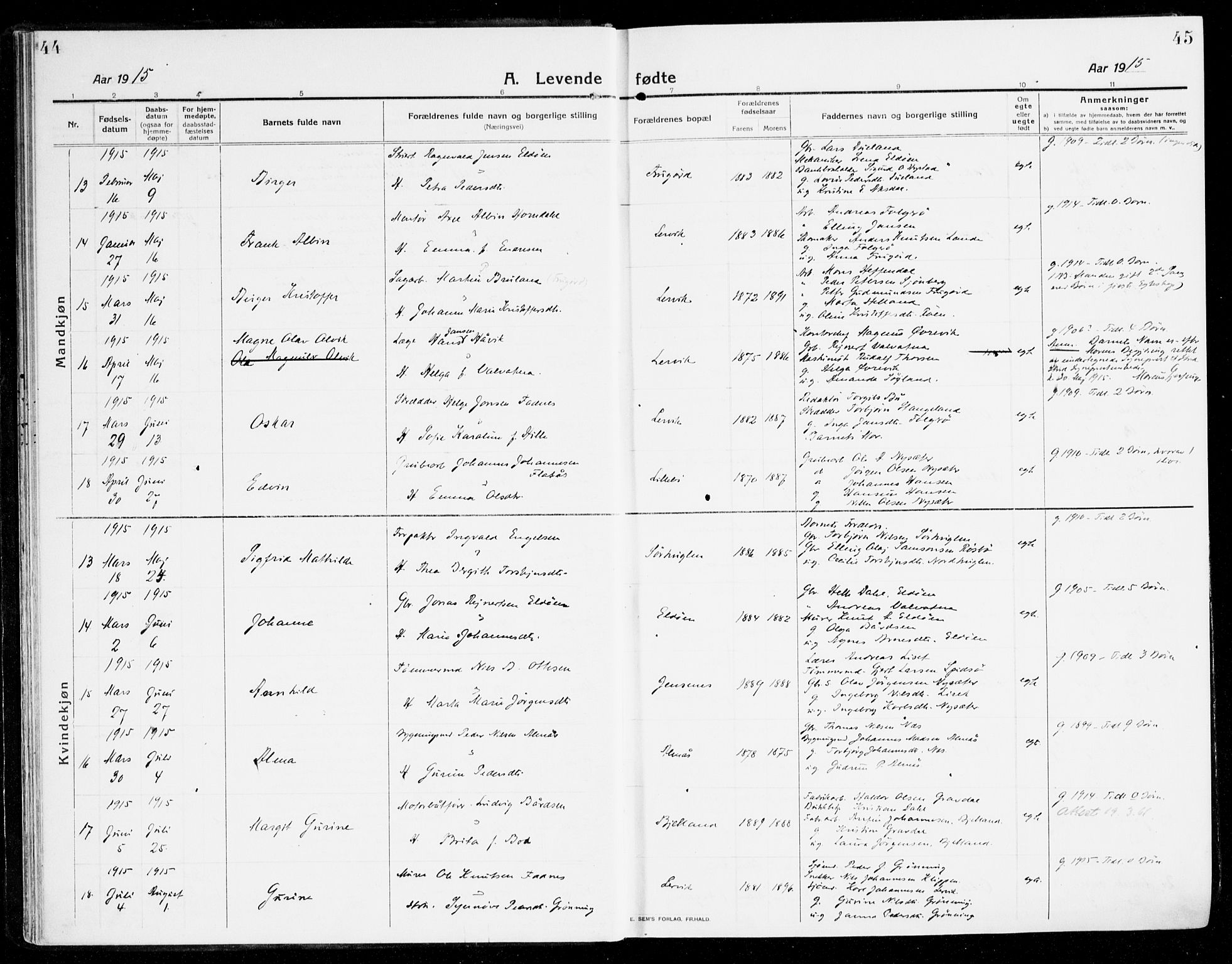 Stord sokneprestembete, AV/SAB-A-78201/H/Haa: Parish register (official) no. B 3, 1913-1925, p. 44-45