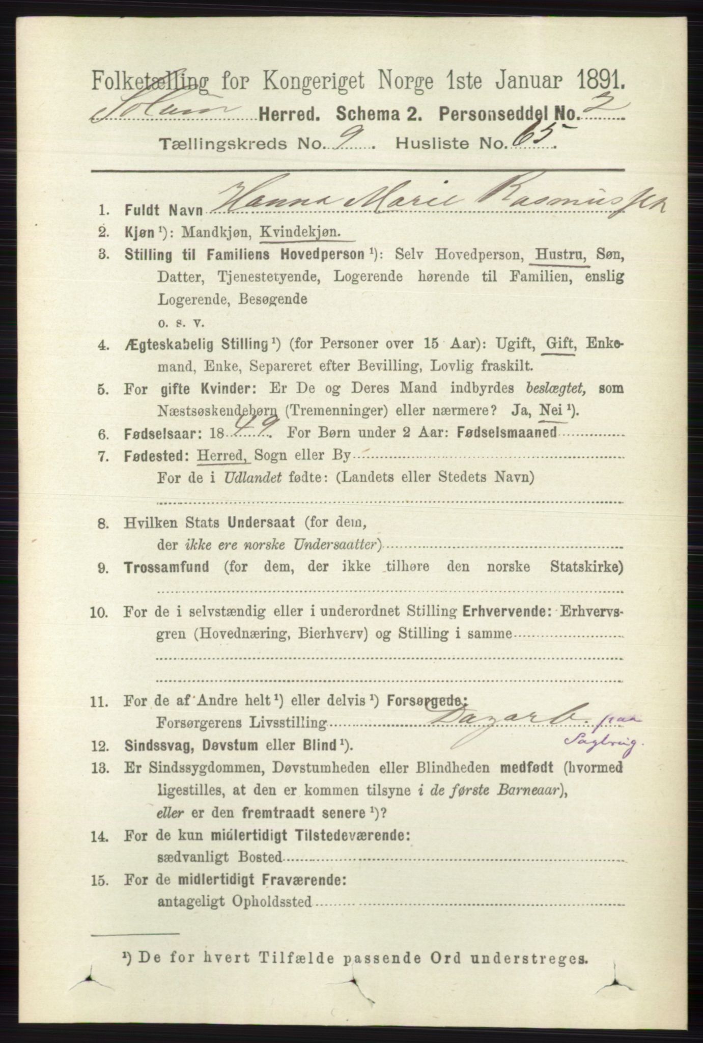 RA, 1891 census for 0818 Solum, 1891, p. 2414