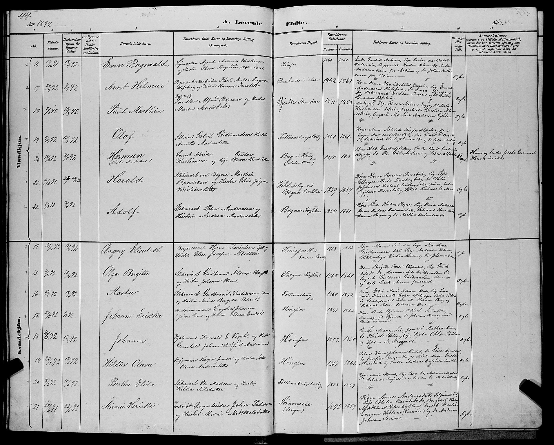 Hønefoss kirkebøker, AV/SAKO-A-609/G/Ga/L0002: Parish register (copy) no. 2, 1888-1904, p. 44