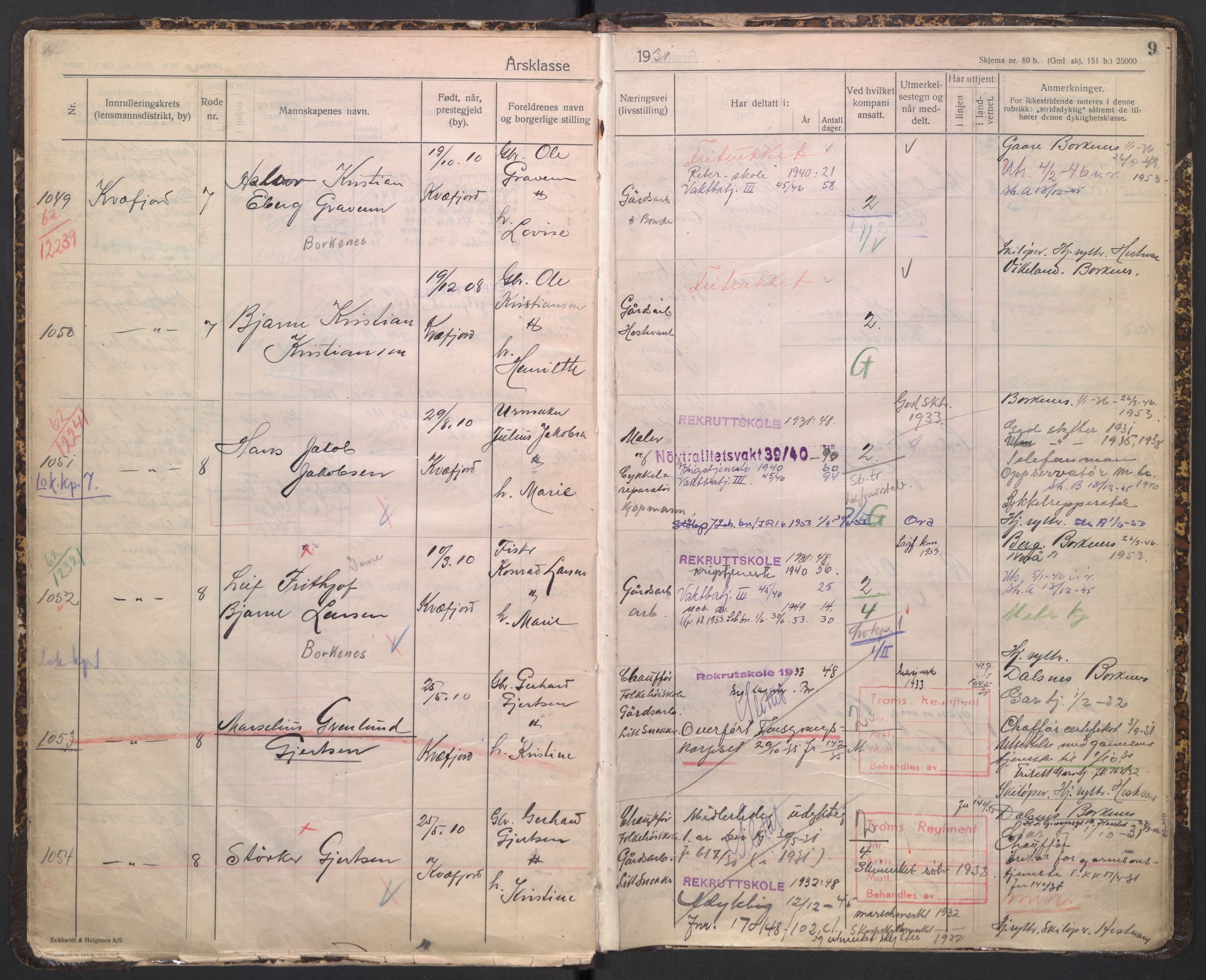 Forsvaret, Troms infanteriregiment nr. 16, AV/RA-RAFA-3146/P/Pa/L0005/0005: Ruller / Rulle for Trondenes bataljons menige mannskaper, årsklasse 1931, 1931, p. 9