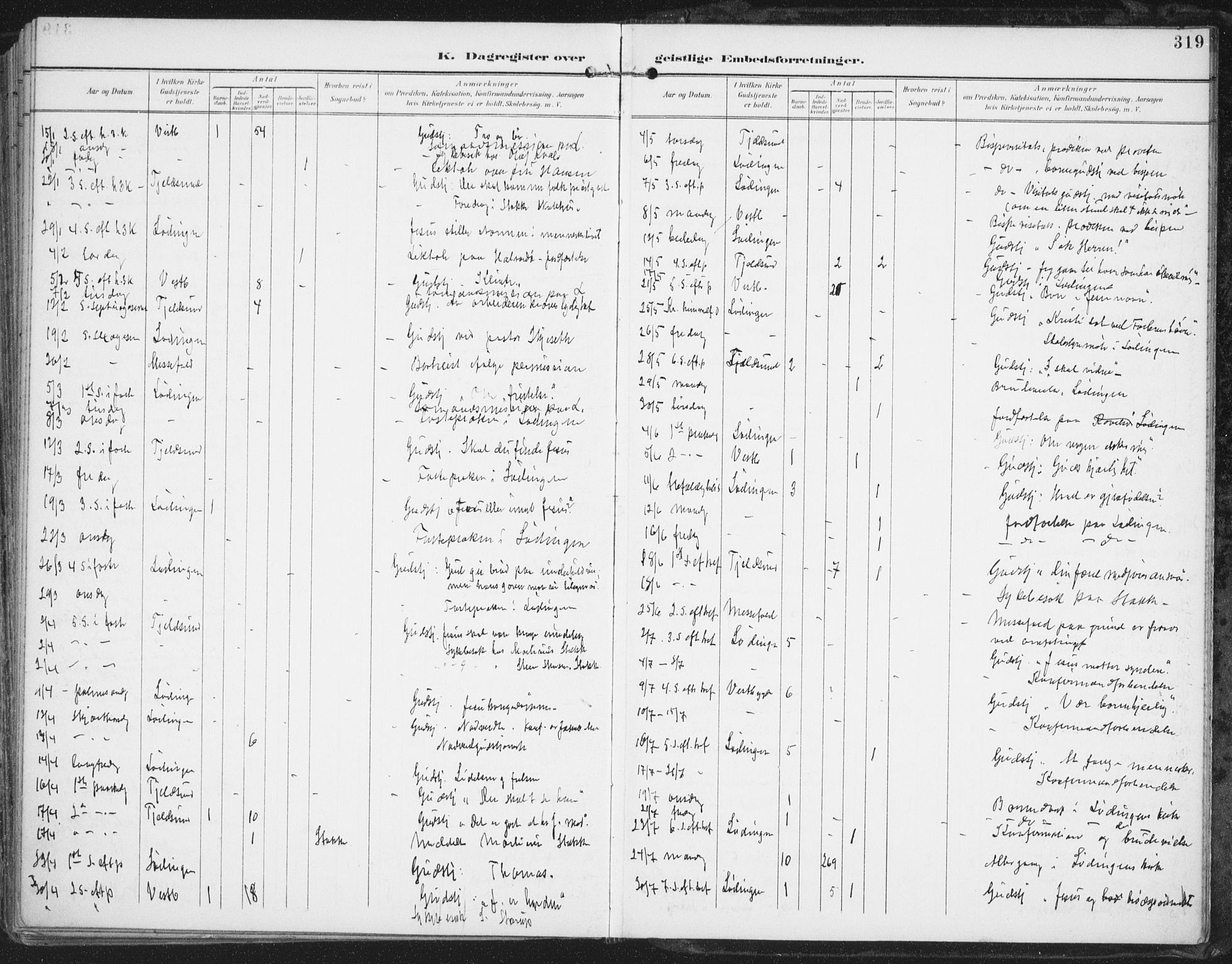 Ministerialprotokoller, klokkerbøker og fødselsregistre - Nordland, AV/SAT-A-1459/872/L1036: Parish register (official) no. 872A11, 1897-1913, p. 319