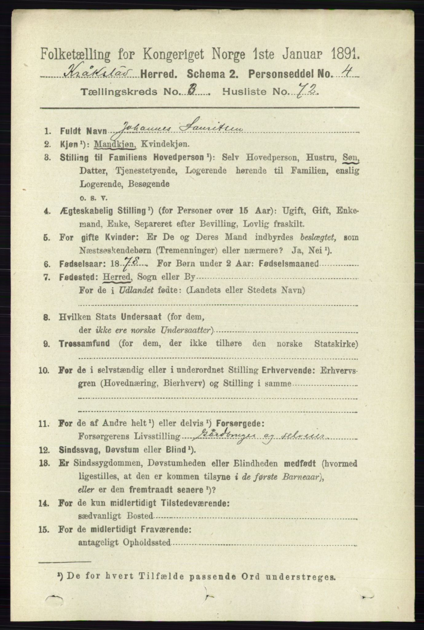 RA, 1891 census for 0212 Kråkstad, 1891, p. 1607