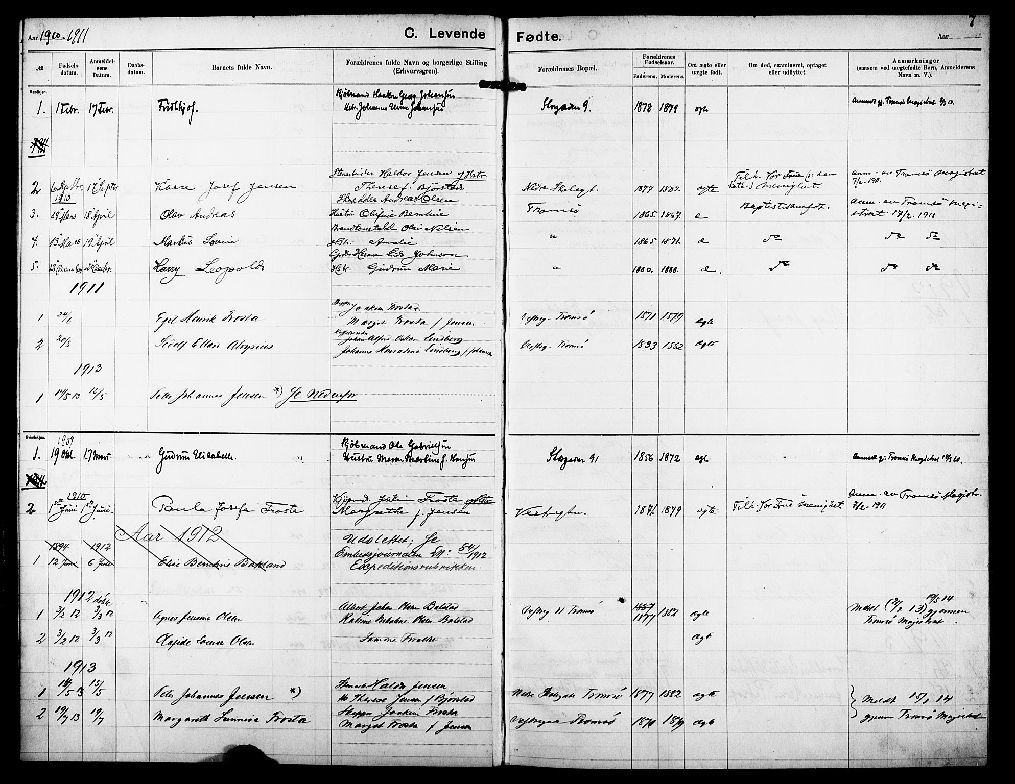 Tromsø sokneprestkontor/stiftsprosti/domprosti, SATØ/S-1343/G/Ge/L0068: Dissenter register no. 68, 1907-1917, p. 7