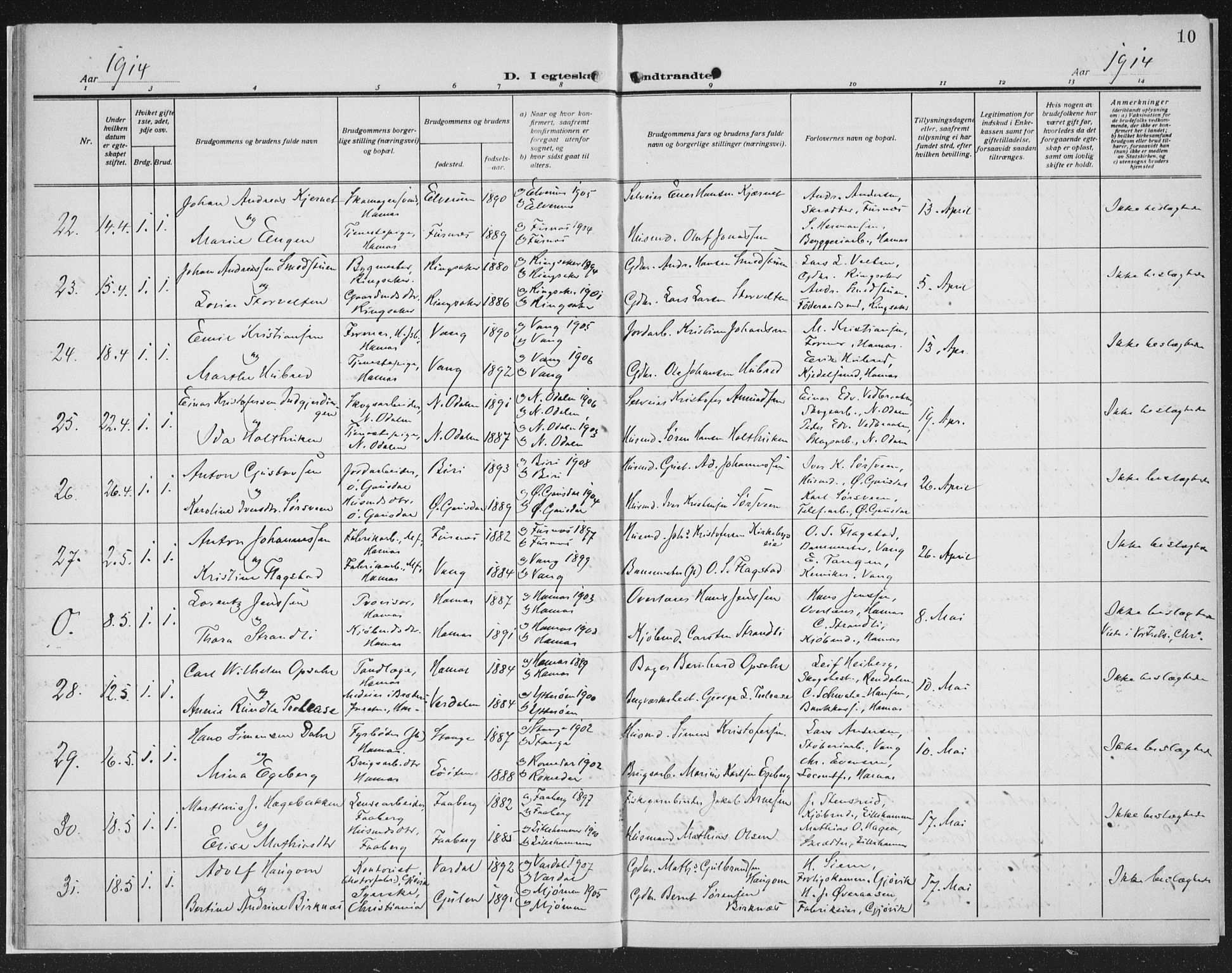 Hamar prestekontor, AV/SAH-DOMPH-002/H/Ha/Haa/L0003: Parish register (official) no. 3, 1913-1930, p. 10