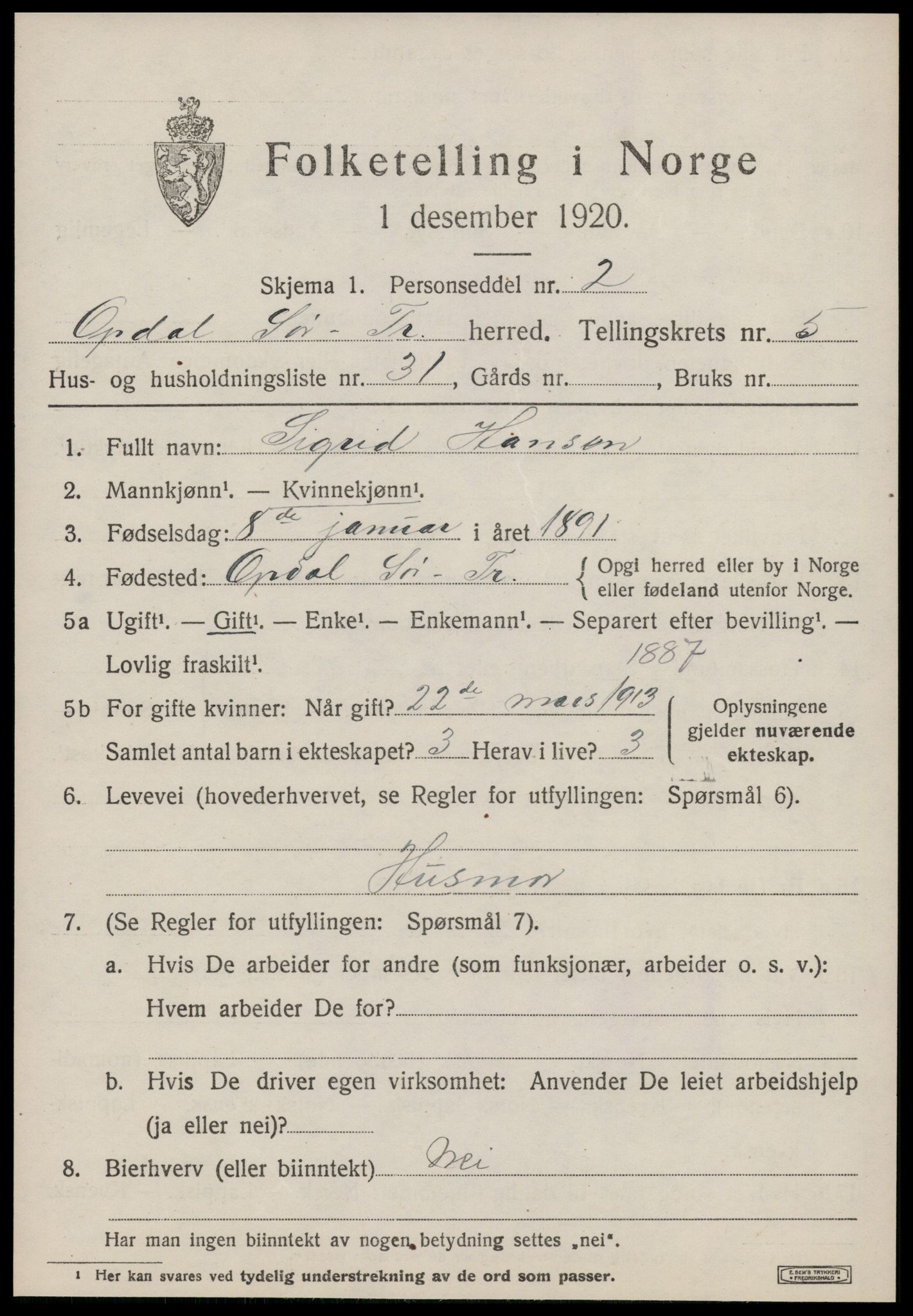 SAT, 1920 census for Oppdal, 1920, p. 5309