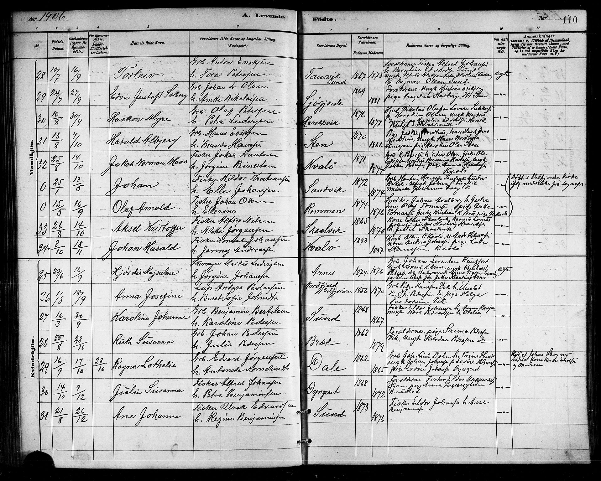 Ministerialprotokoller, klokkerbøker og fødselsregistre - Nordland, AV/SAT-A-1459/812/L0188: Parish register (copy) no. 812C06, 1884-1912, p. 110