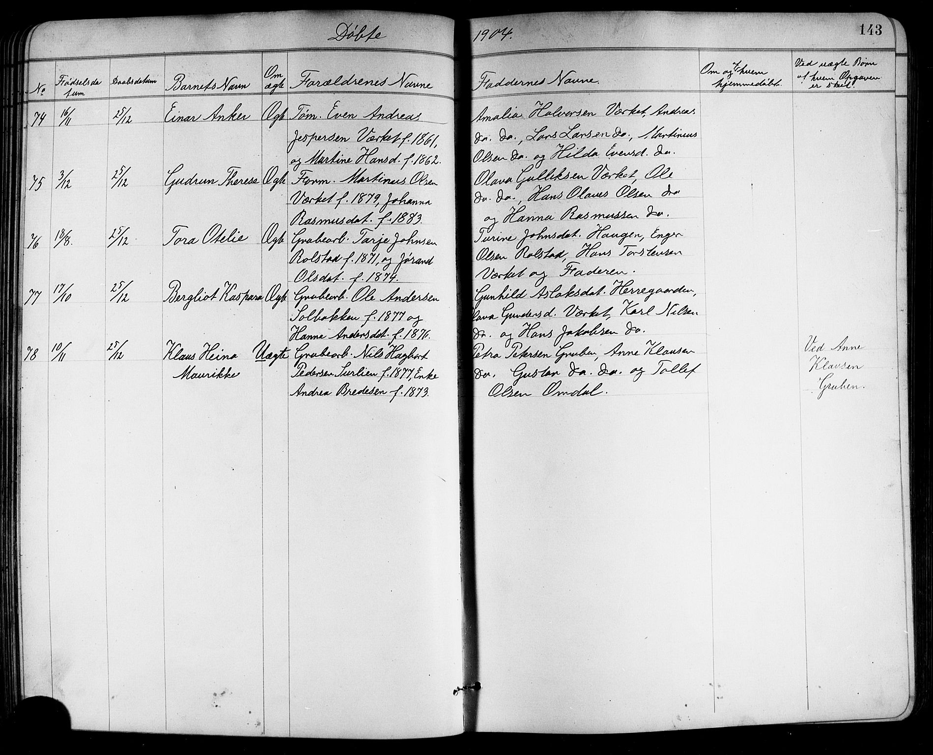 Holla kirkebøker, SAKO/A-272/G/Ga/L0005: Parish register (copy) no. I 5, 1891-1917, p. 143