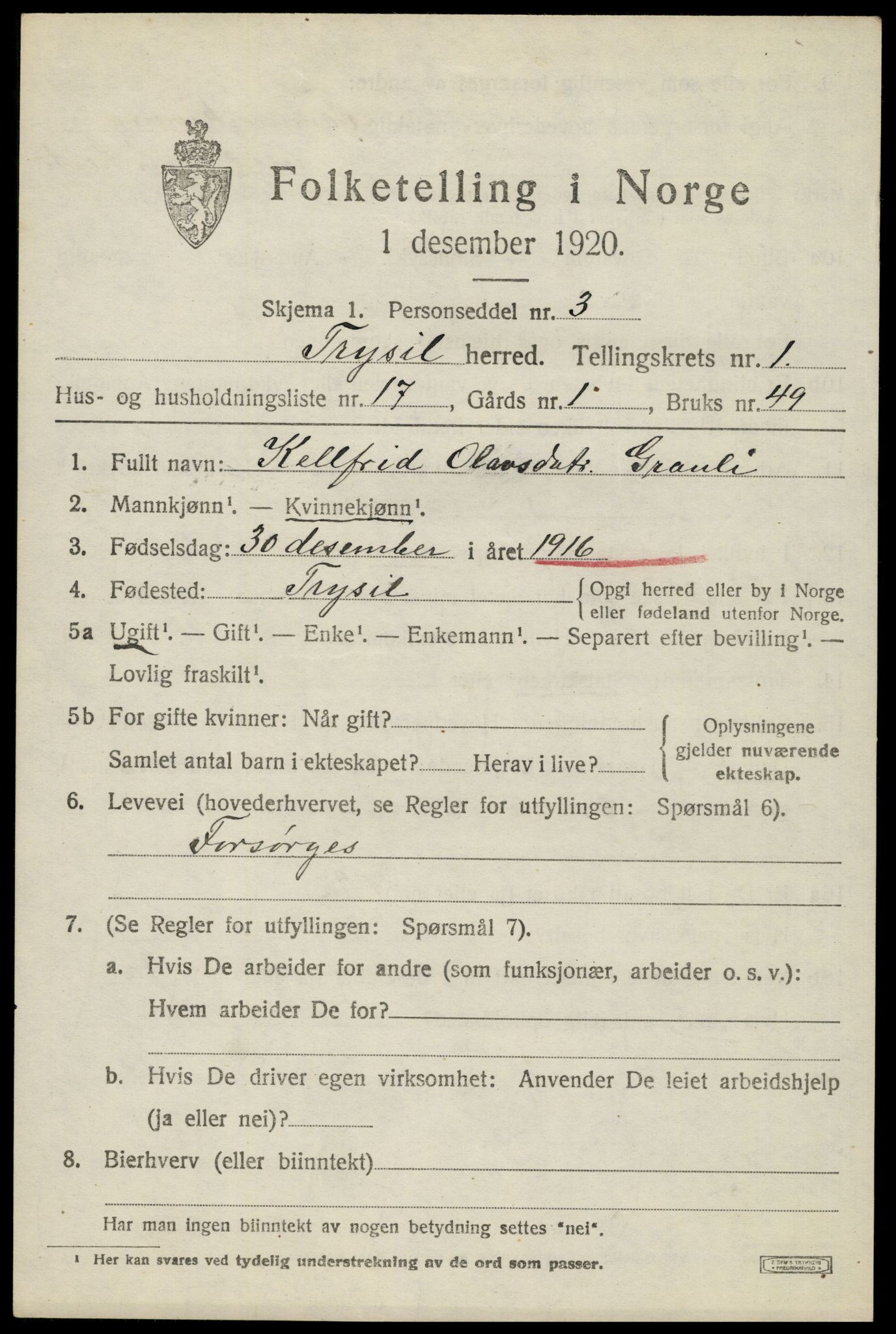 SAH, 1920 census for Trysil, 1920, p. 2753