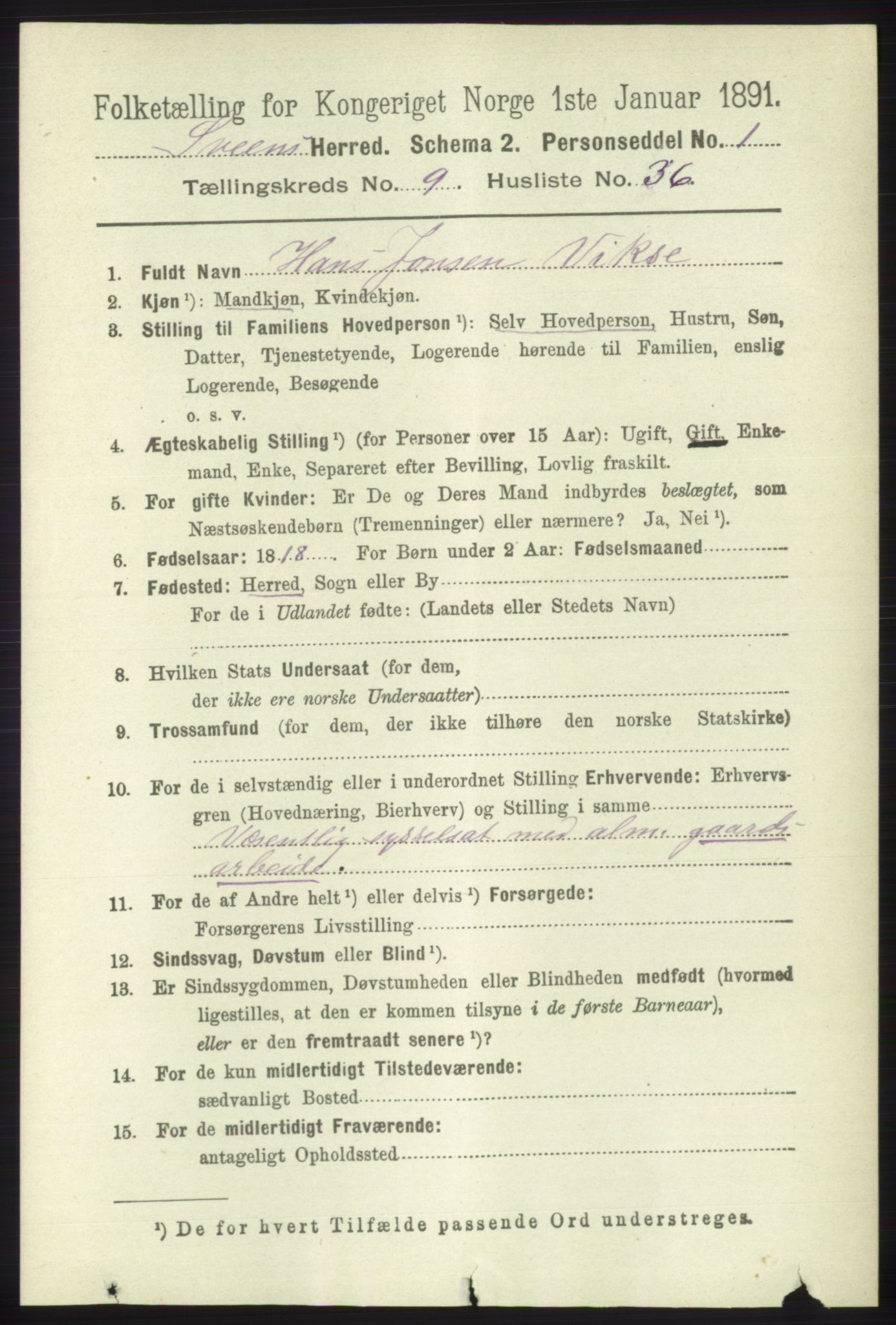 RA, 1891 census for 1216 Sveio, 1891, p. 2872