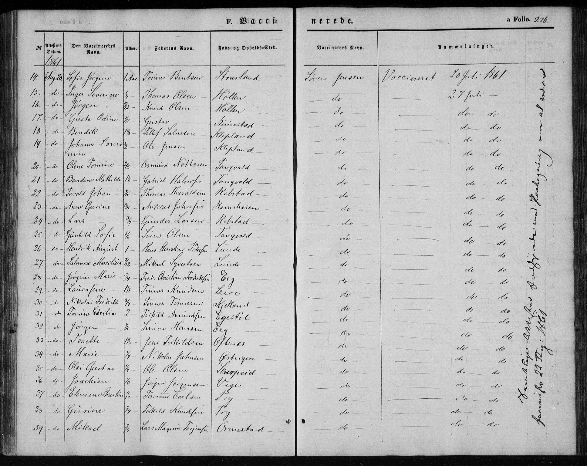 Søgne sokneprestkontor, SAK/1111-0037/F/Fa/Fab/L0010: Parish register (official) no. A 10, 1853-1869, p. 276