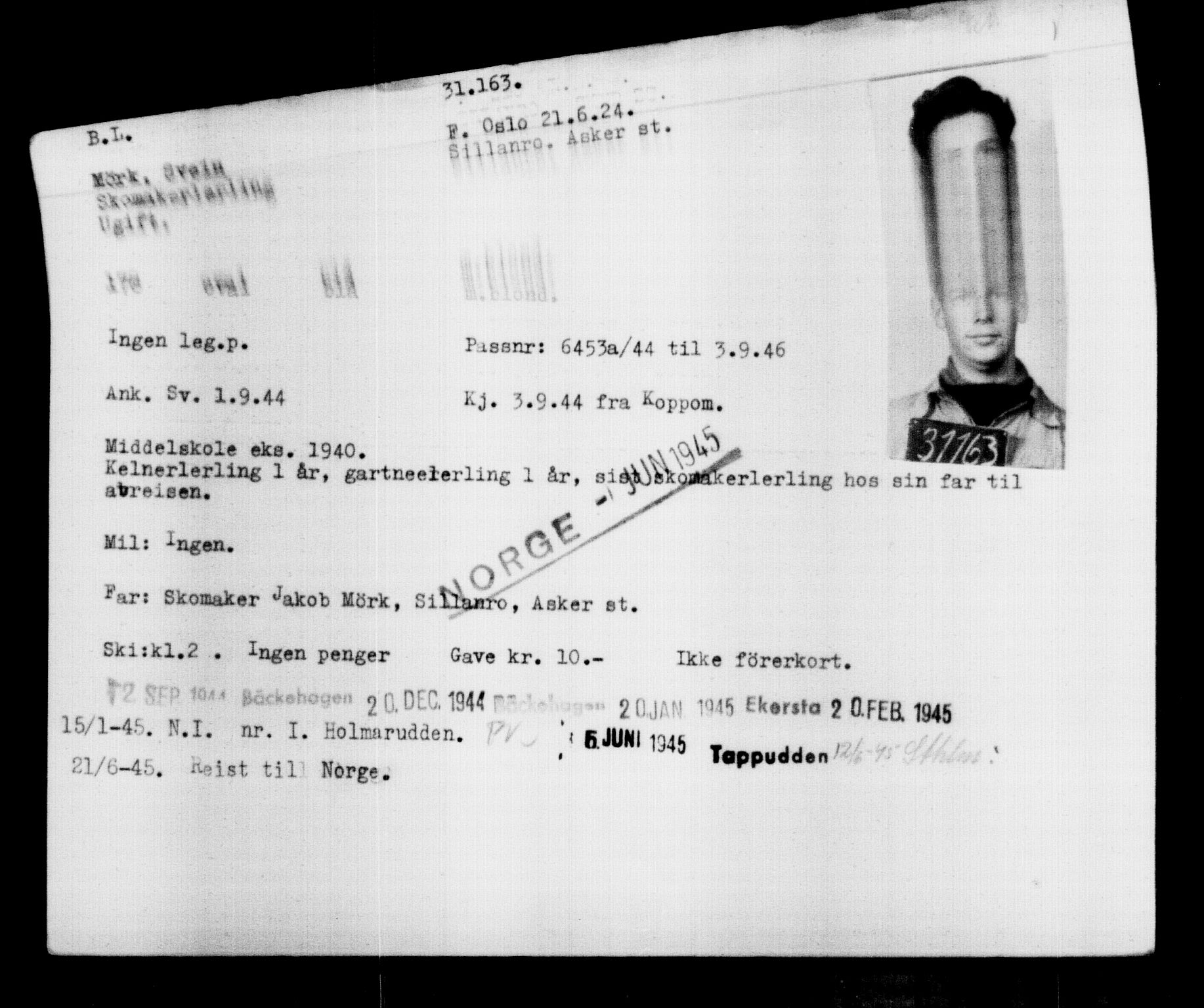 Utenriksstasjonene, Legasjonen i Stockholm, Flyktningkontoret, AV/RA-S-6753/V/Va/L0012: Kjesäterkartoteket, flyktninger med registreringsnr. 28300-31566, 1940-1945, p. 3101