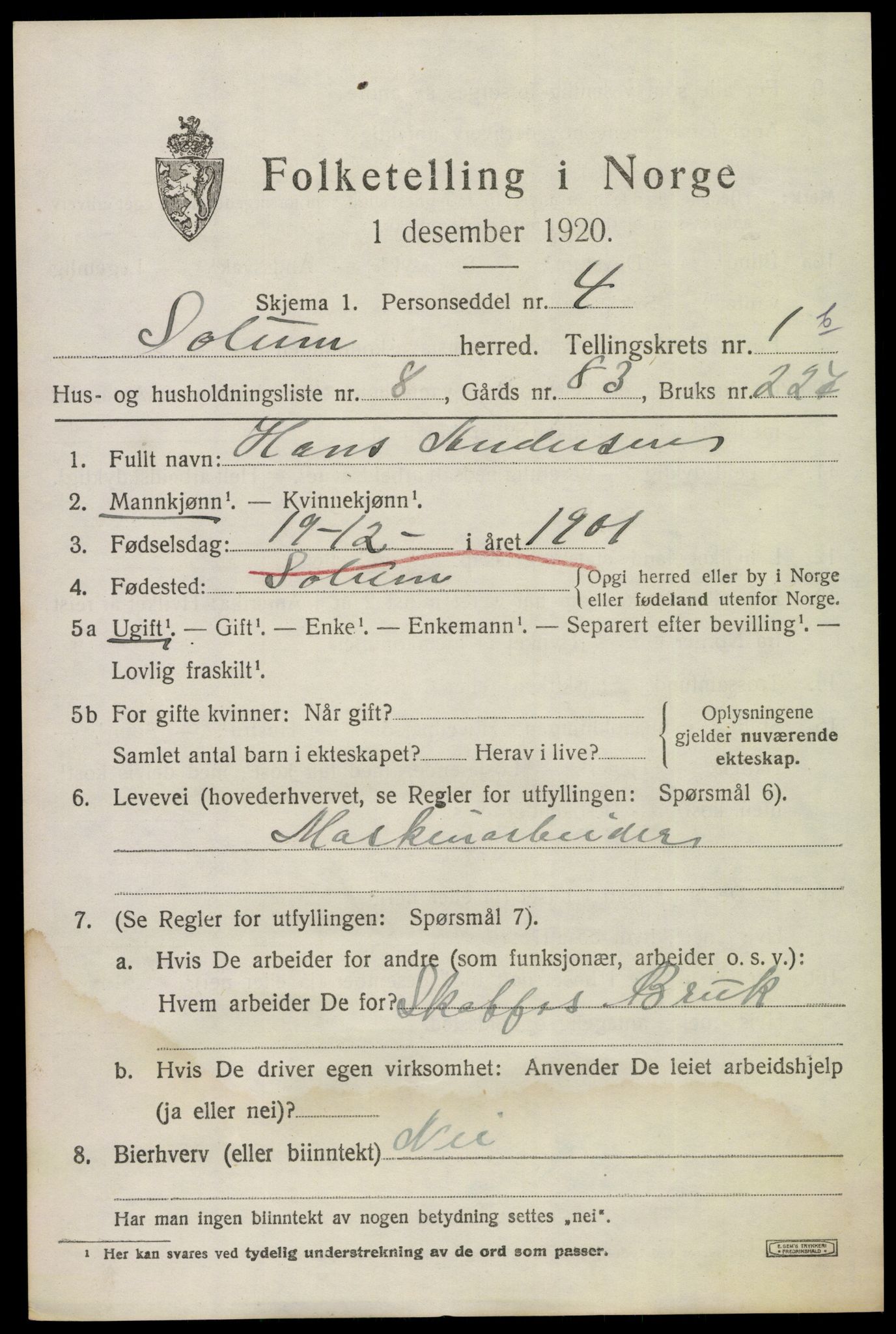 SAKO, 1920 census for Solum, 1920, p. 4220