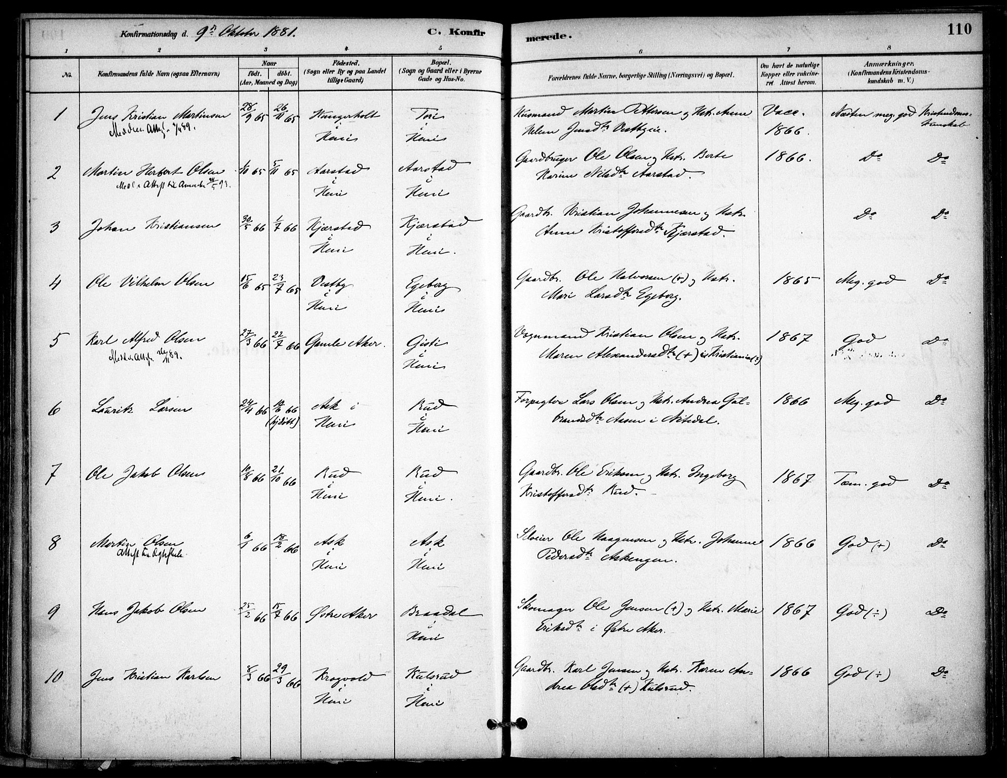 Gjerdrum prestekontor Kirkebøker, SAO/A-10412b/F/Fb/L0001: Parish register (official) no. II 1, 1881-1921, p. 110
