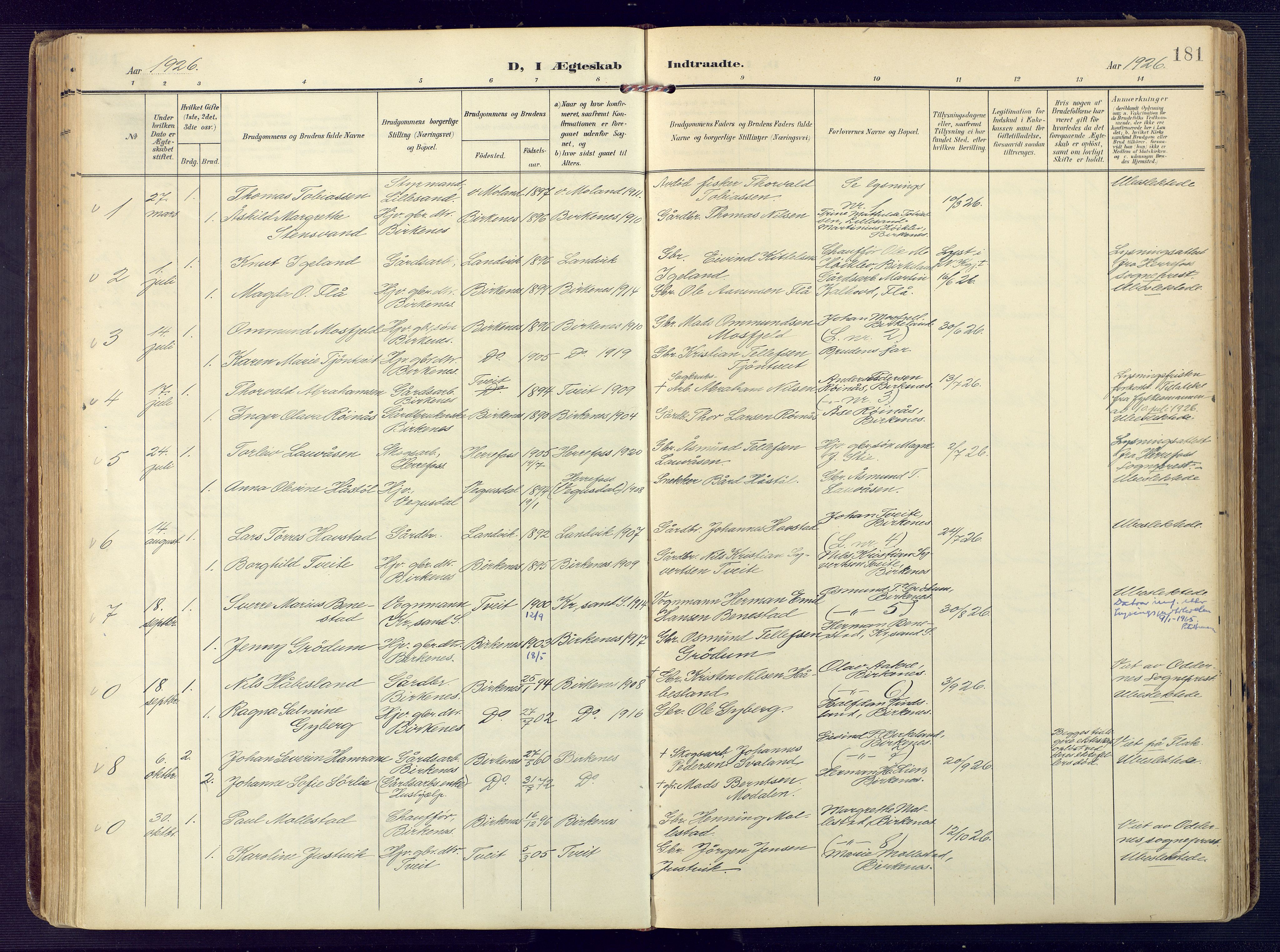 Birkenes sokneprestkontor, AV/SAK-1111-0004/F/Fa/L0006: Parish register (official) no. A 6, 1908-1932, p. 181