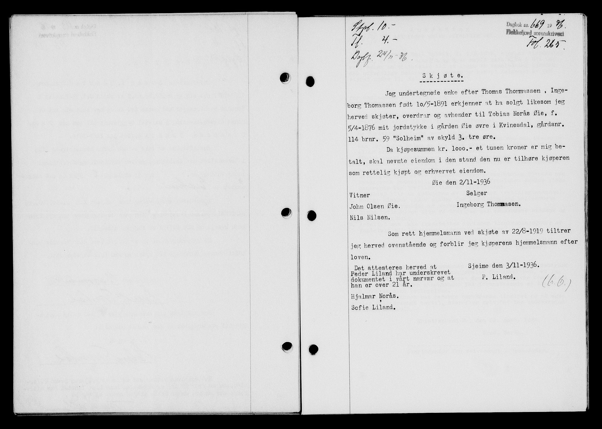 Flekkefjord sorenskriveri, SAK/1221-0001/G/Gb/Gba/L0053: Mortgage book no. A-1, 1936-1937, Diary no: : 669/1936