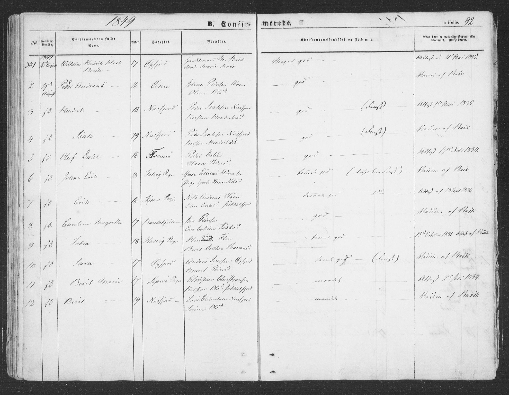Loppa sokneprestkontor, SATØ/S-1339/H/Ha/L0004kirke: Parish register (official) no. 4, 1849-1868, p. 92